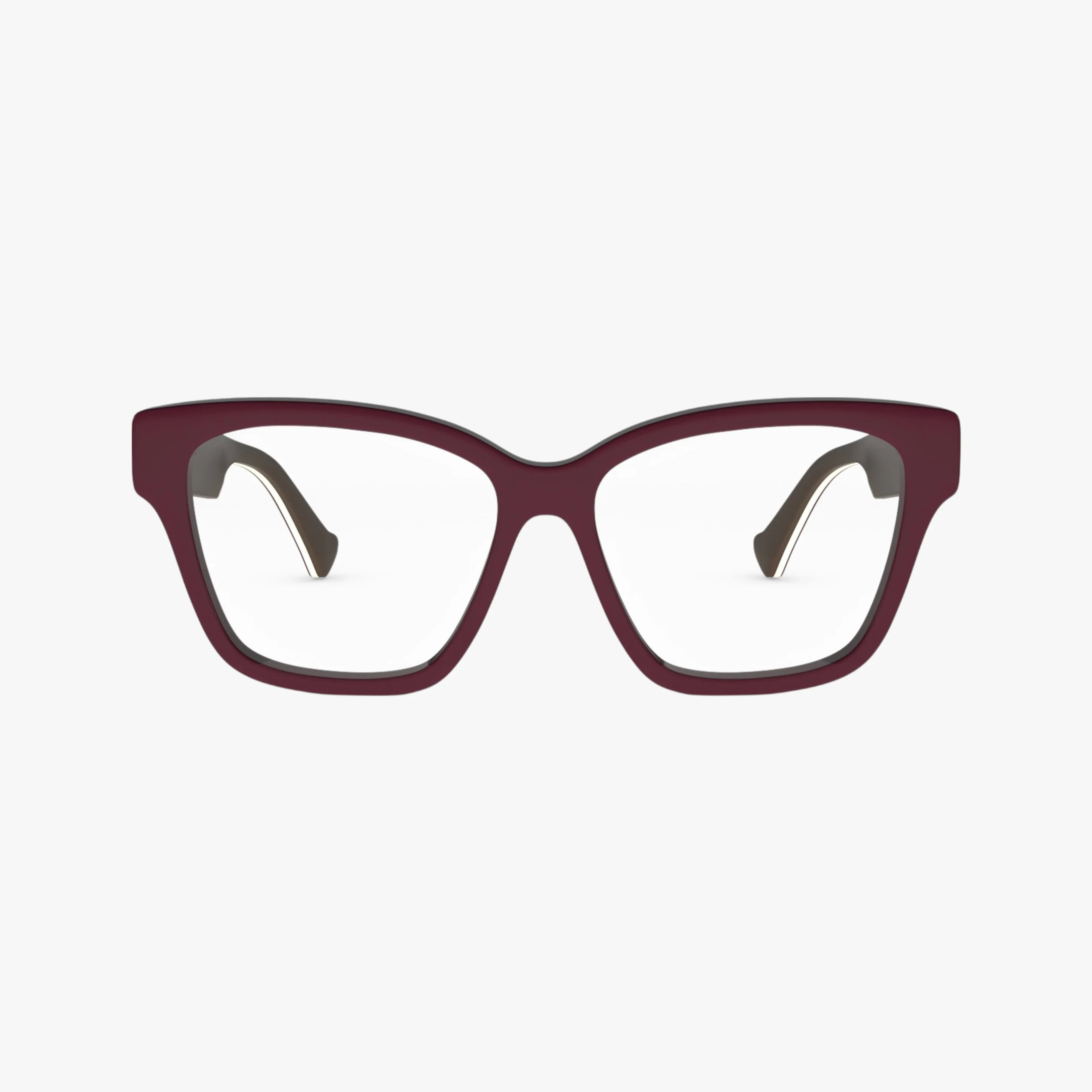 Gucci GG1302O eyeglasses feature thick, dark burgundy rectangular frames made from recycled acetate with clear lenses, displayed on a plain white background.