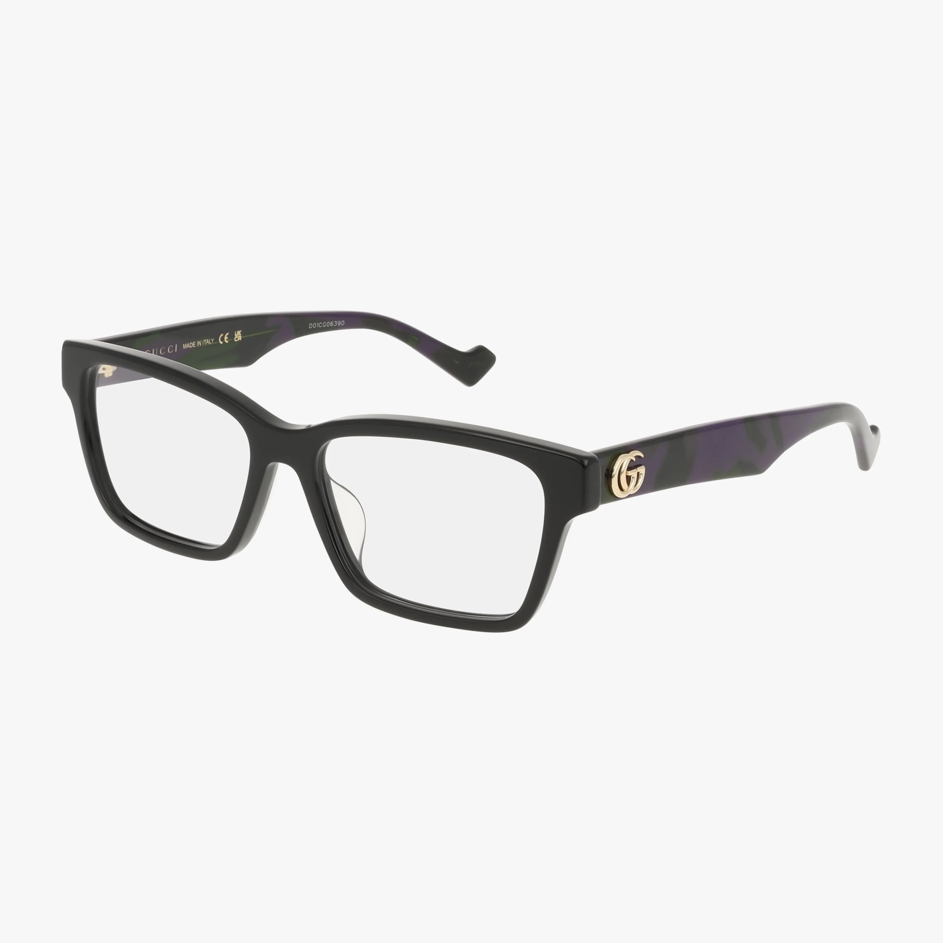 Gucci GG1476OK black rectangular eyeglasses feature a stylish frame, clear lenses, gold GG logo on the temples, and dark purple arm accents. Displayed on a white background—they’re perfect for elevating your eyewear collection.