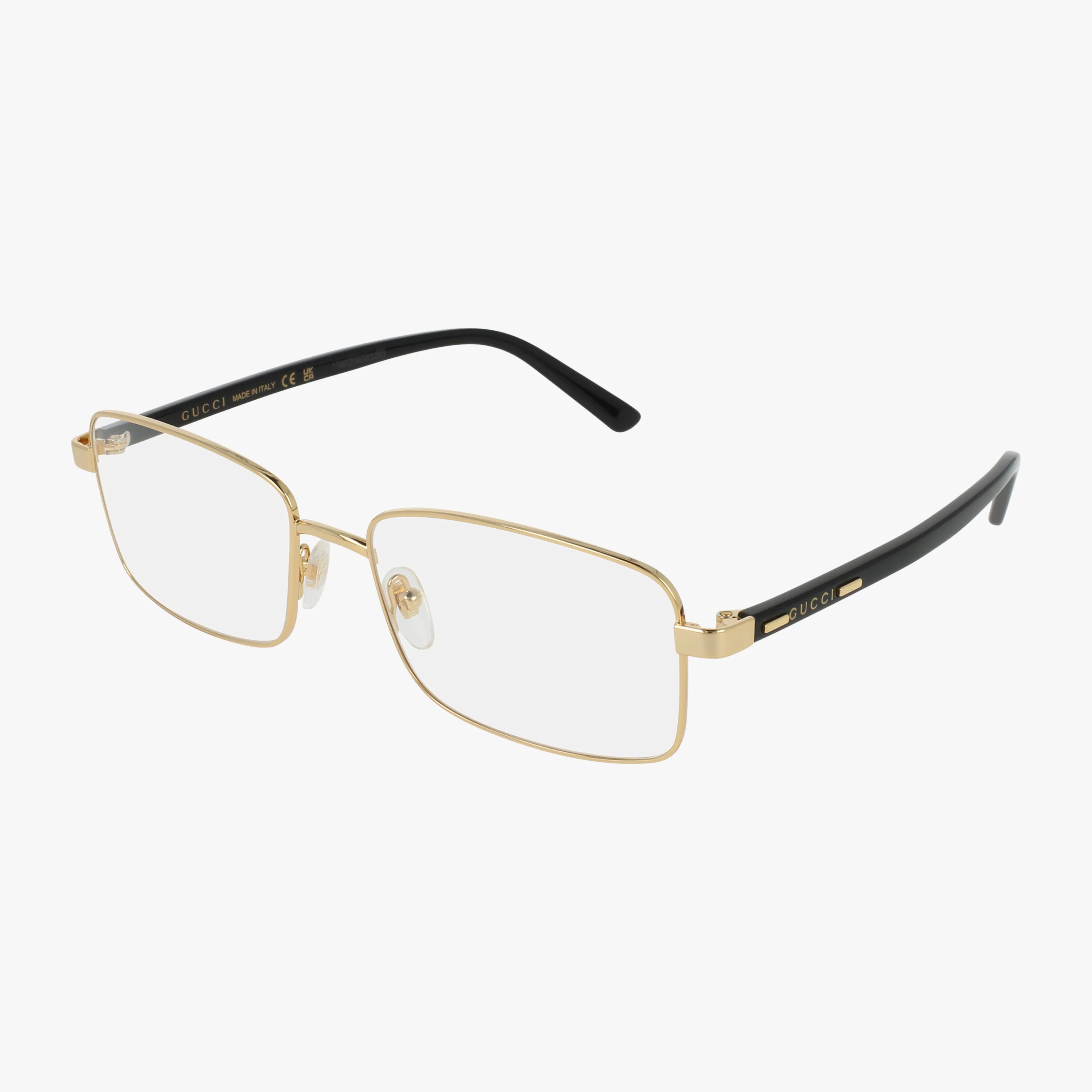 The Gucci GG1586O eyeglasses feature a rectangular shape with gold metal rims, black arms, and the iconic logo on the temples. Their clear lenses and minimalist design deliver a modern, elegant style.