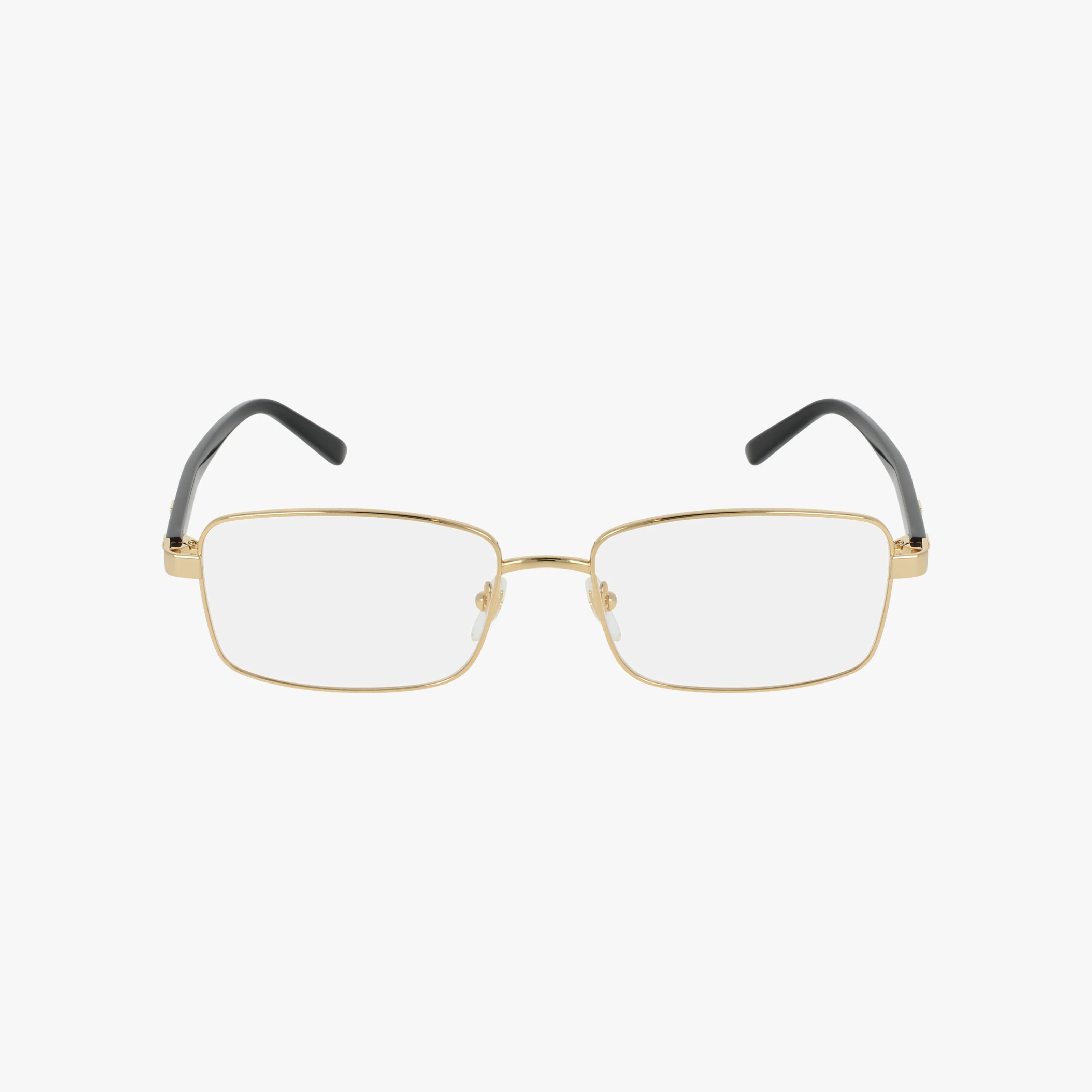 The Gucci GG1586O features gold rectangular eyeglasses with thin metal frames and black temple tips, presenting a modern style displayed elegantly on a white background.