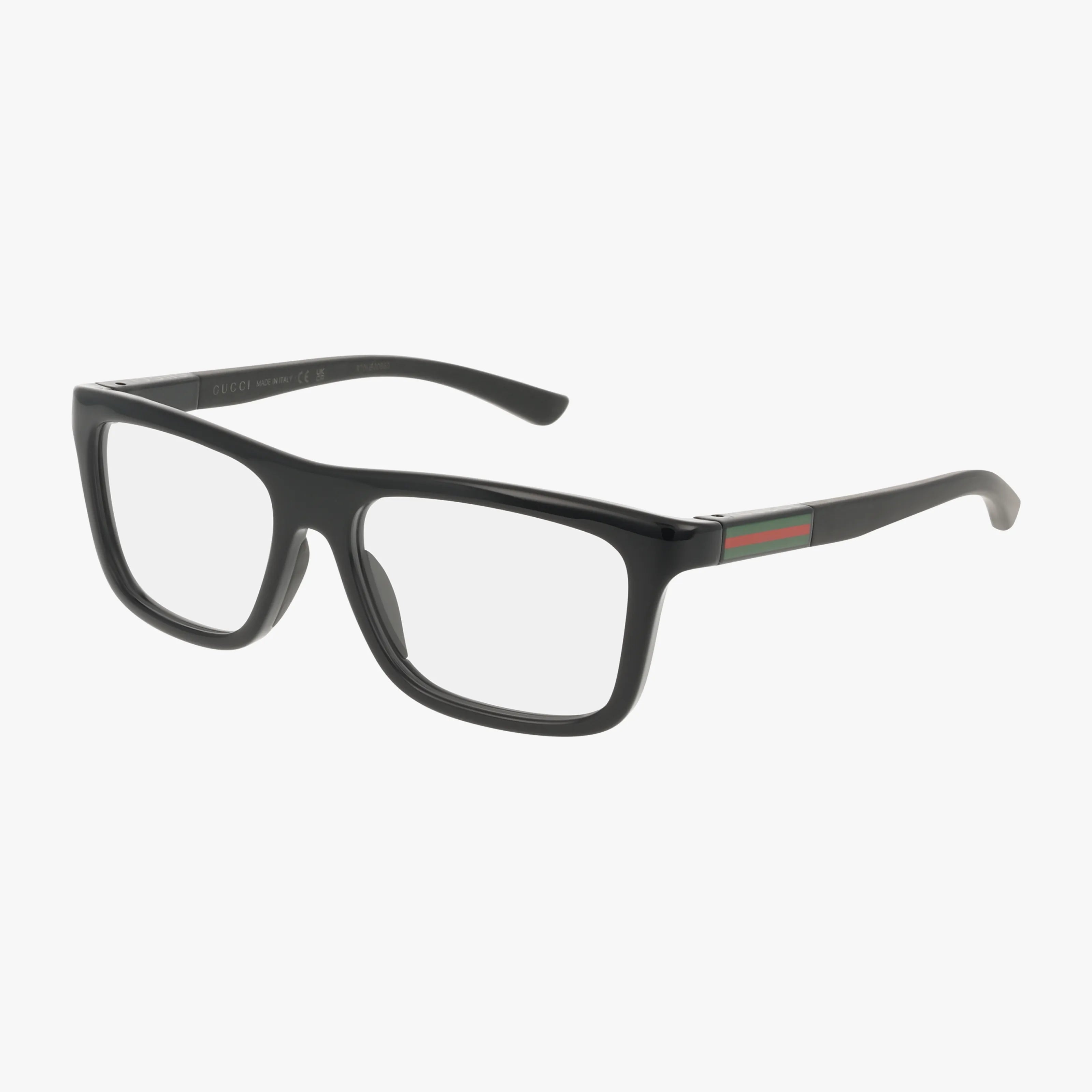 Gucci GG1737O black rectangular eyeglasses with clear lenses and a durable frame, featuring green and red striped temple arms, displayed on a plain white background.