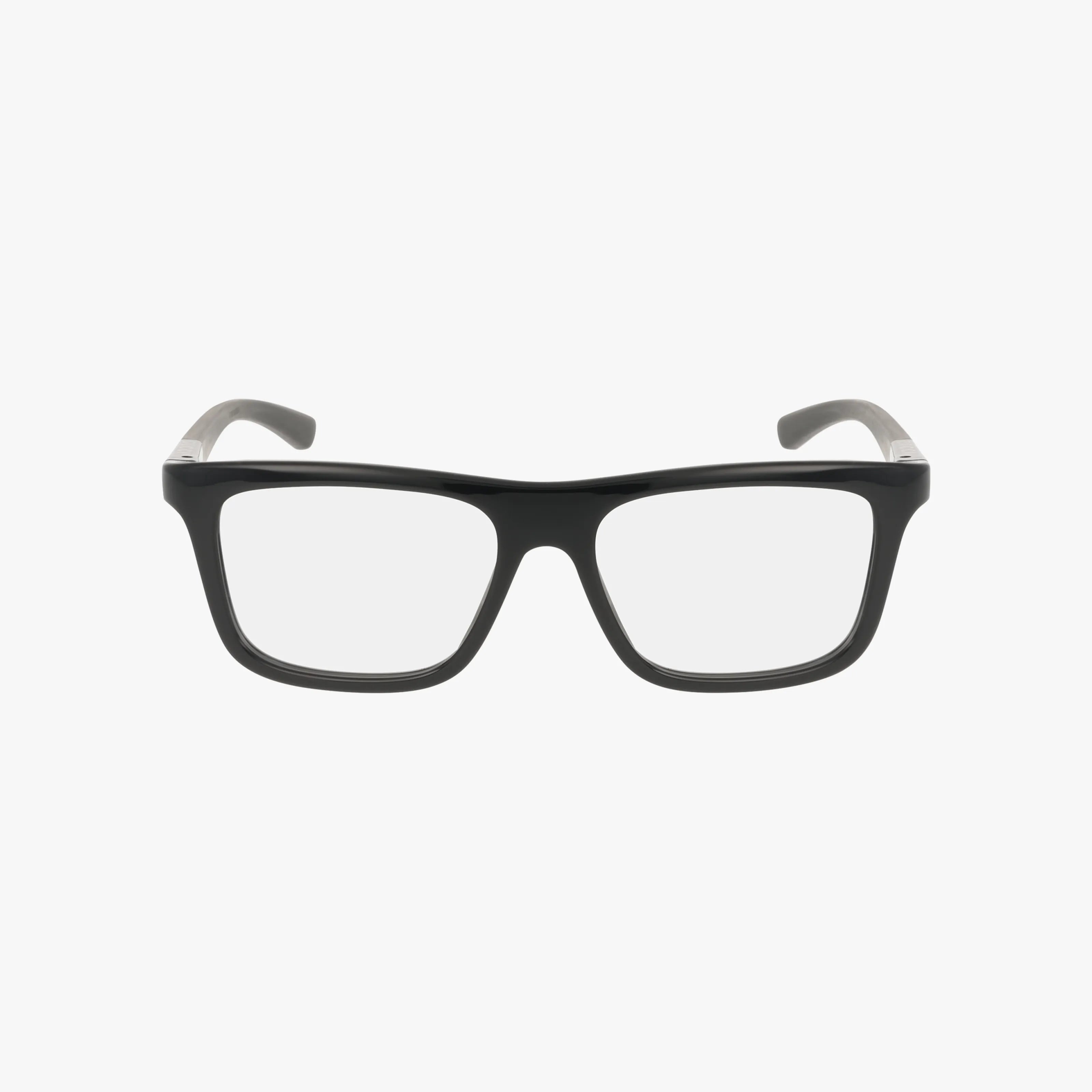 The Gucci GG1737O is a pair of black rectangular fashion eyewear with clear lenses and gray inner temple arms, featuring a durable frame, displayed on a plain white background.