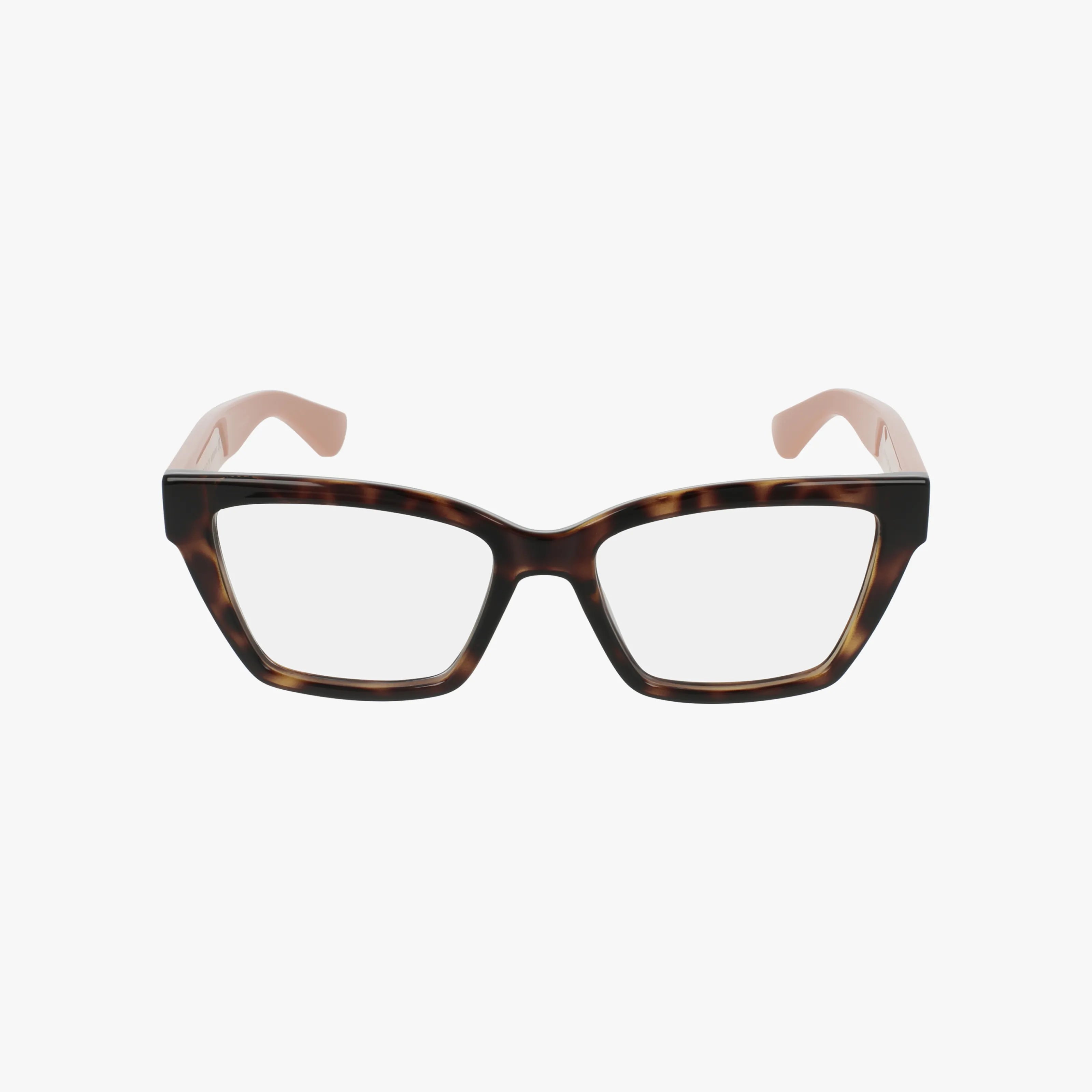 Gucci GG1715O eyeglasses feature a modern cat-eye shape with a tortoiseshell pattern, clear lenses, and light pink arms. Lightweight and stylish, these frames are displayed on a white background—ideal for fashionable online shoppers.