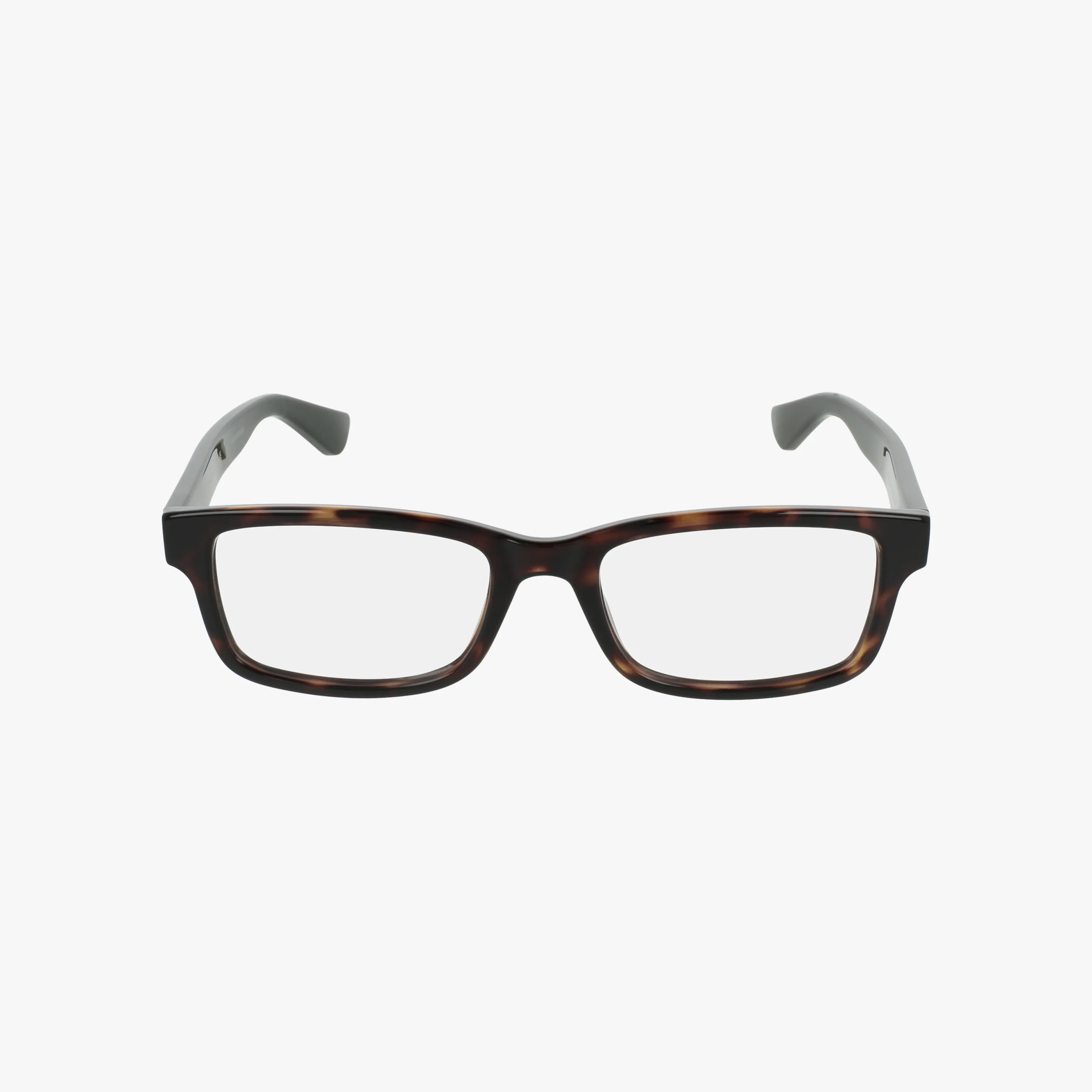 Gucci GG1717O rectangular eyeglasses feature a contemporary dark tortoiseshell frame and clear blue light lenses, displayed on a white background.