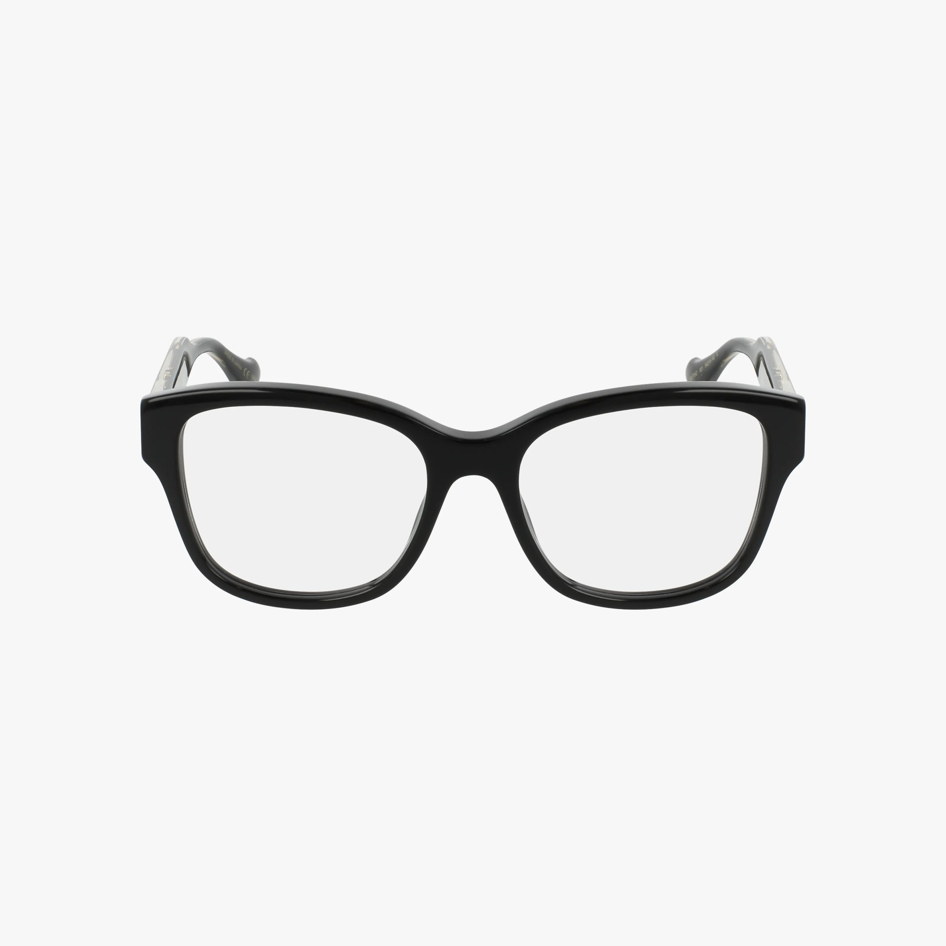 Front view of Gucci GG1775O black rectangular eyeglasses featuring a stylish frame and clear lenses, displayed on a plain white background.