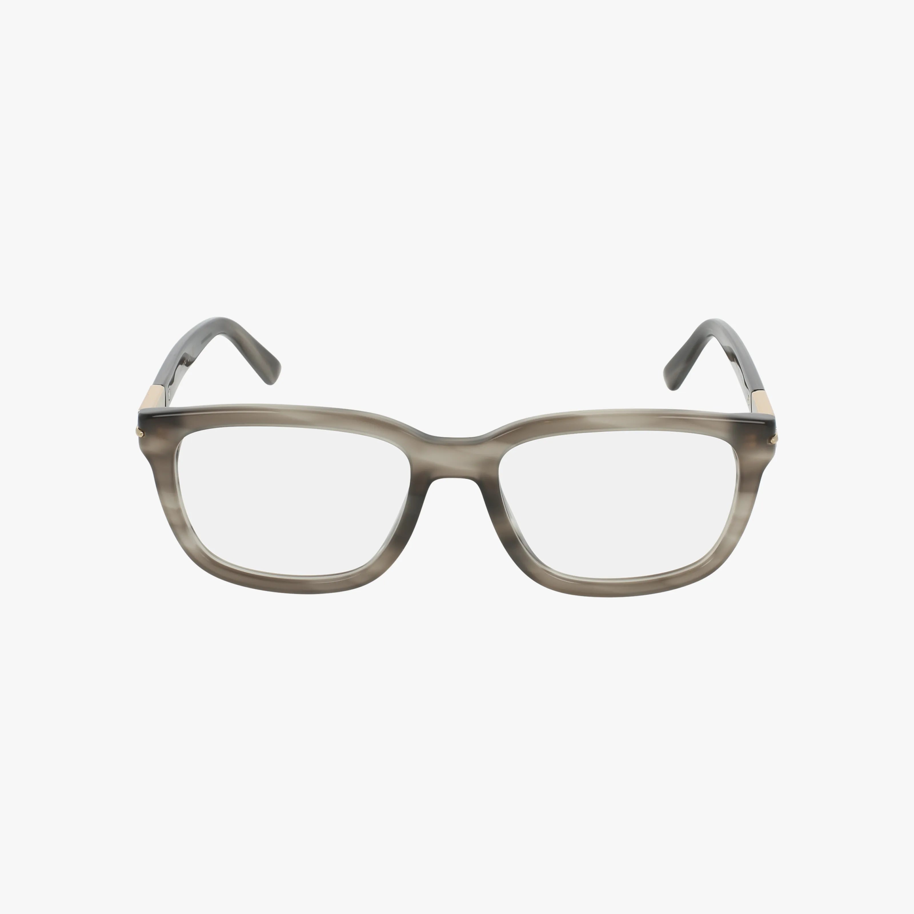 Front view of Gucci GG1776O rectangular eyeglasses with translucent gray frames and clear lenses, showcasing bold design and everyday excellence, set against a plain white background.