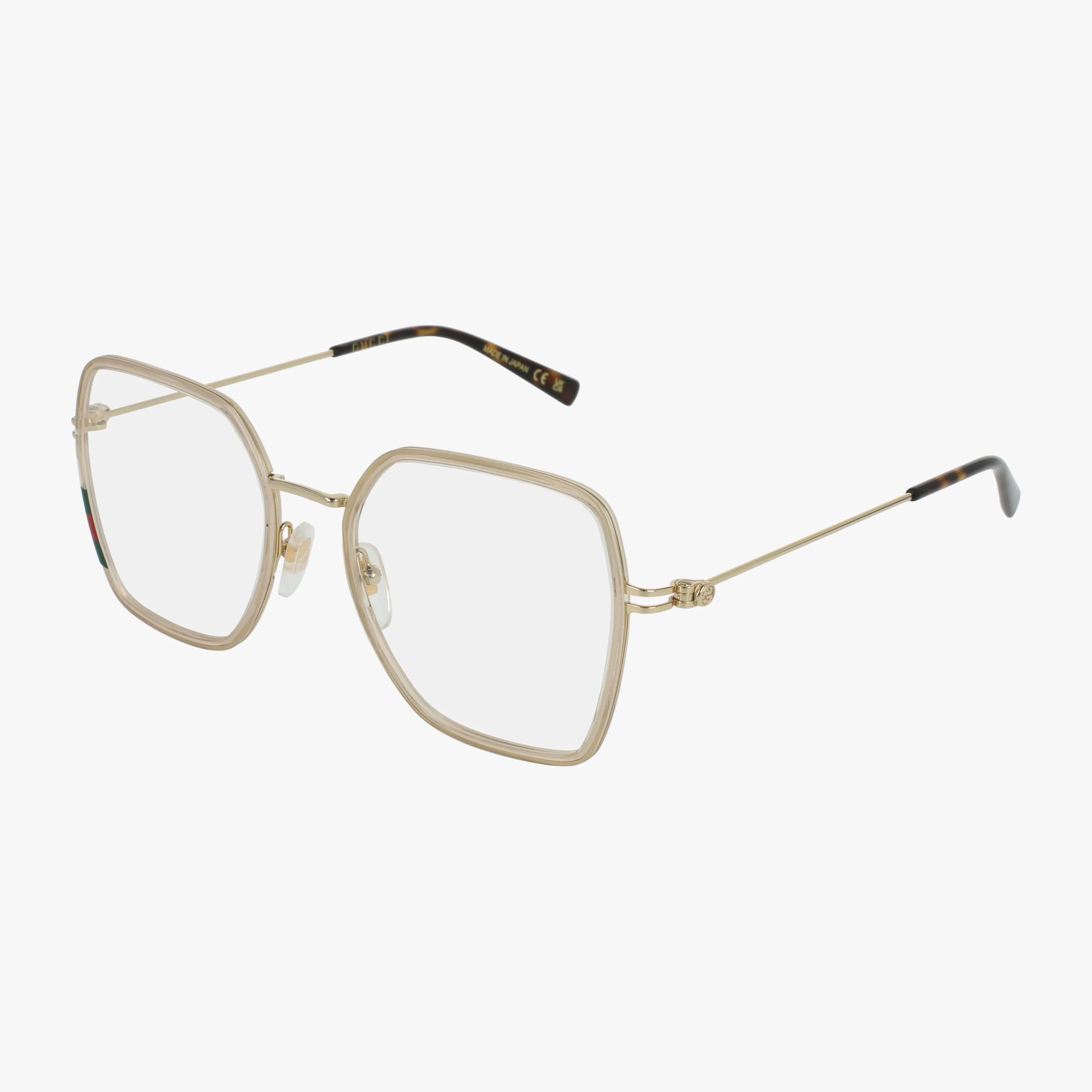 Guccis GG1850O glasses feature gold-rimmed, geometric square frames with thin temples and clear lenses for a modern look, elegantly showcased on a white background.