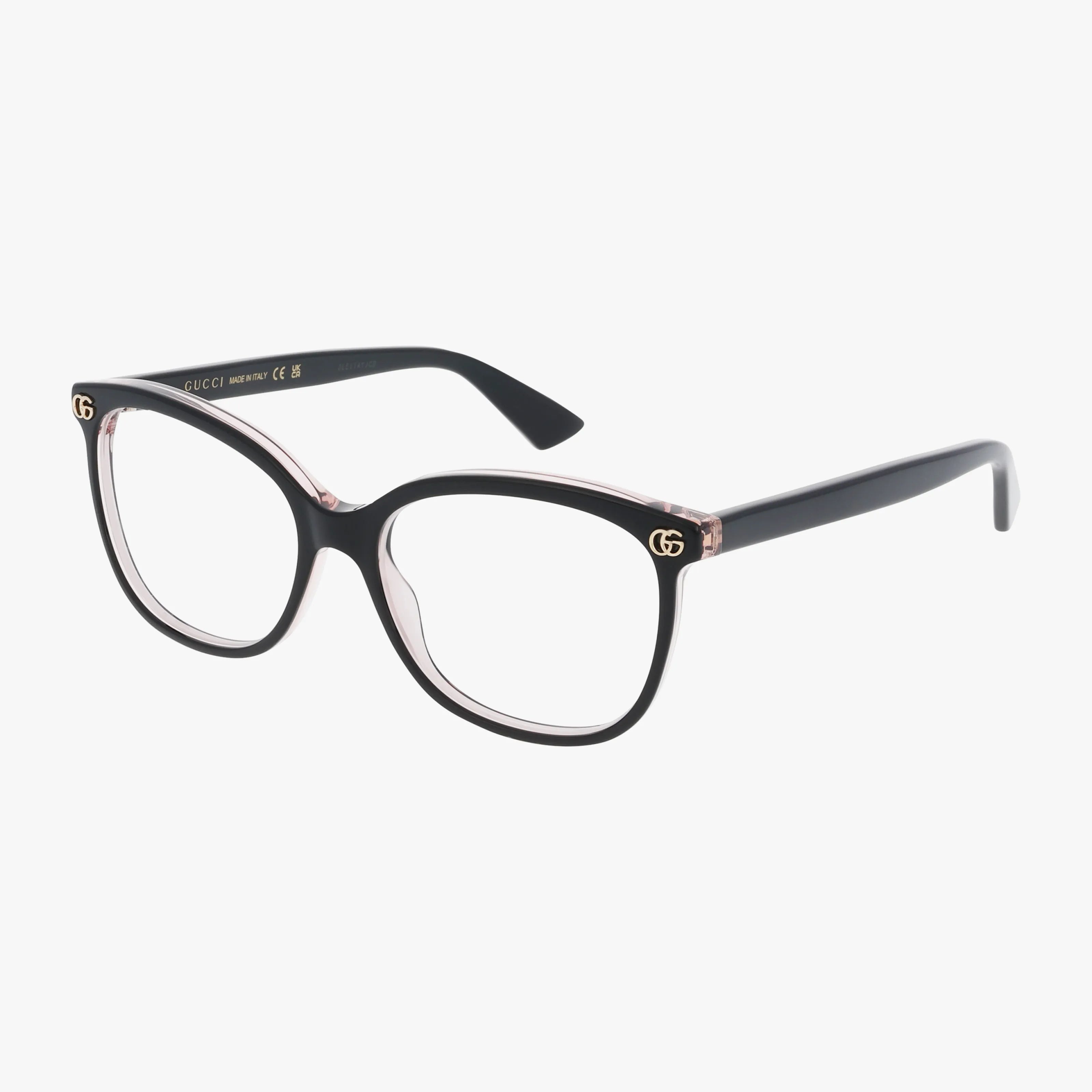 Gucci GG1816O eyeglasses in black and pink feature round lenses, a lightweight frame, gold GG logo on the temples, and a subtle cat-eye design, shown on a white background.