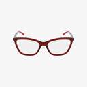The Gucci 1989O eyeglasses feature bold red rectangular frames with clear lenses, offering a stylish eyewear look against a plain white background.