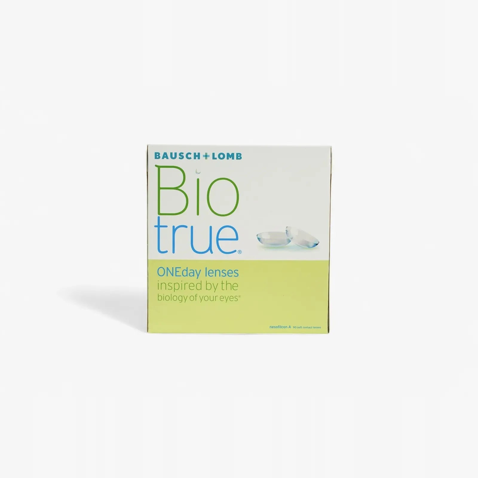 A Biotrue Oneday - 90 Pack box features green and blue text with an image of two daily disposable contacts, set against a white and light green background.