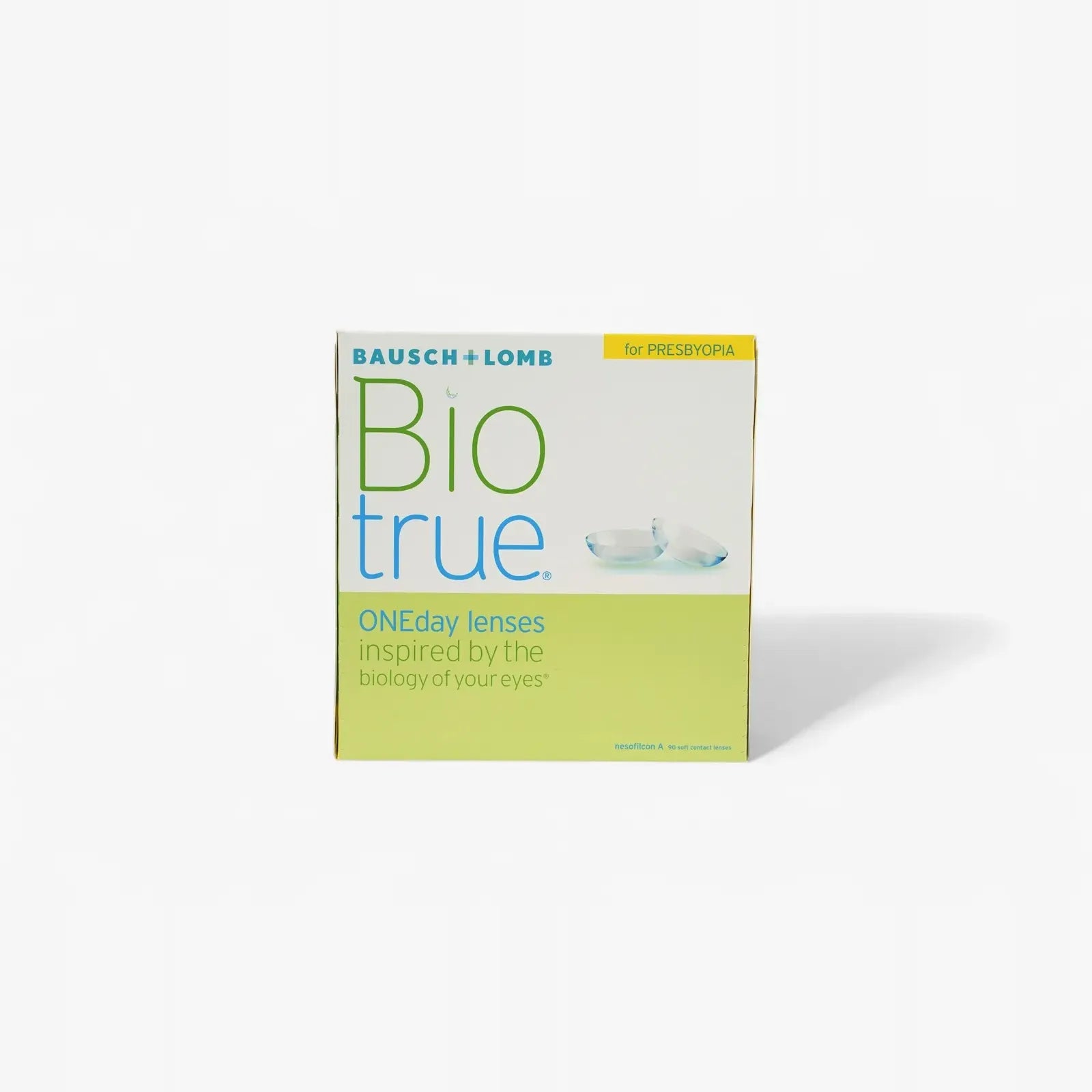 A 90-pack box of Biotrue 1Day For Presbyopia daily contact lenses by Biotrue, with green and yellow packaging featuring a contact lens image on the front.