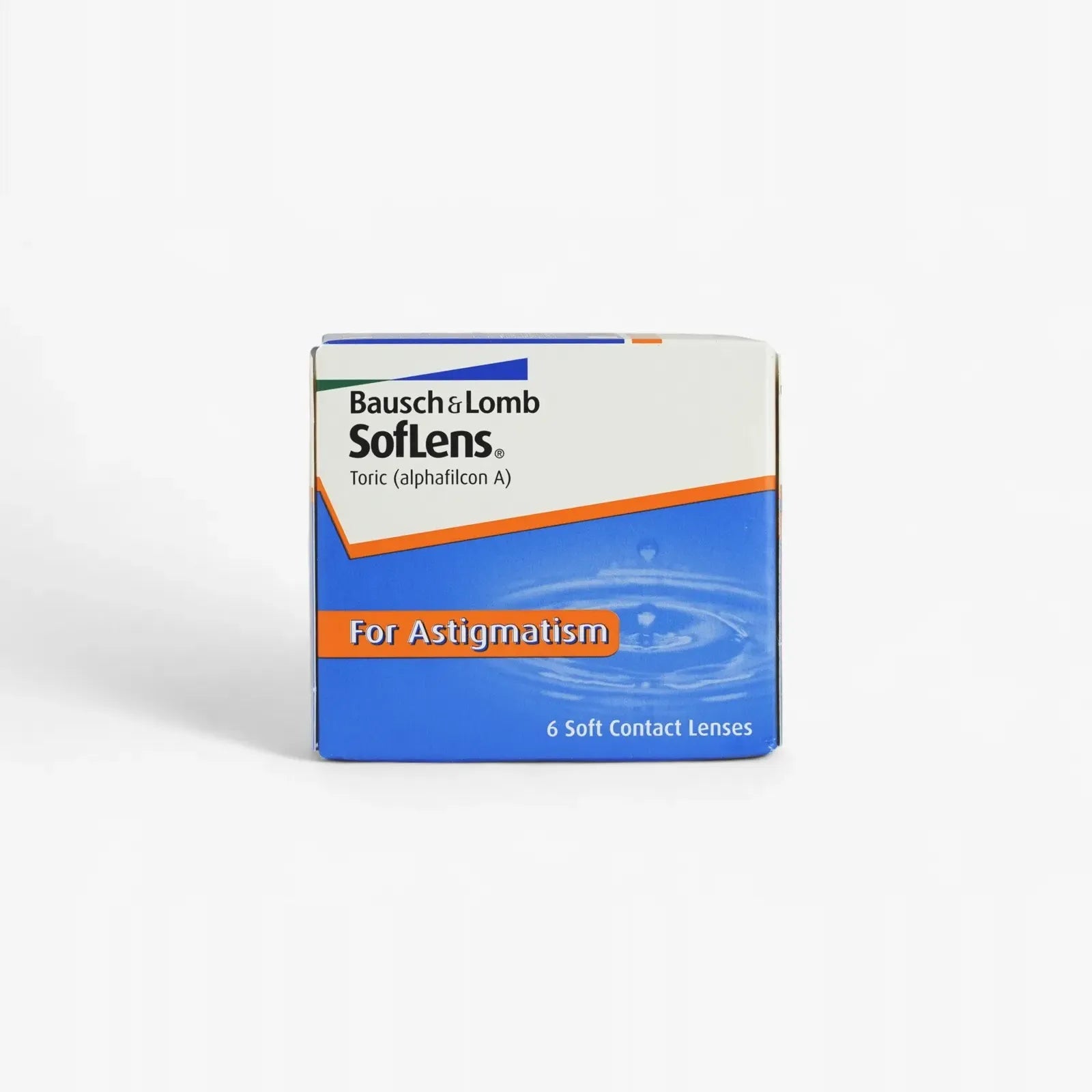 A box of Soflens 66 Toric - 6 Pack by Soflens, containing 6 soft toric contact lenses for astigmatism, features a sleek white, blue, and orange design.