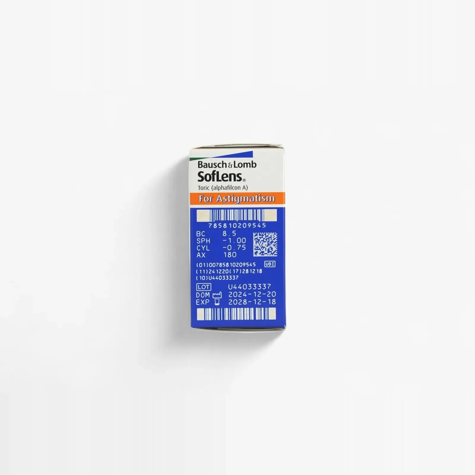 A box of Soflens 66 Toric - 6 Pack contact lenses for astigmatism by Soflens, with a blue and white label showing prescription info and an expiration date of December 2028.
