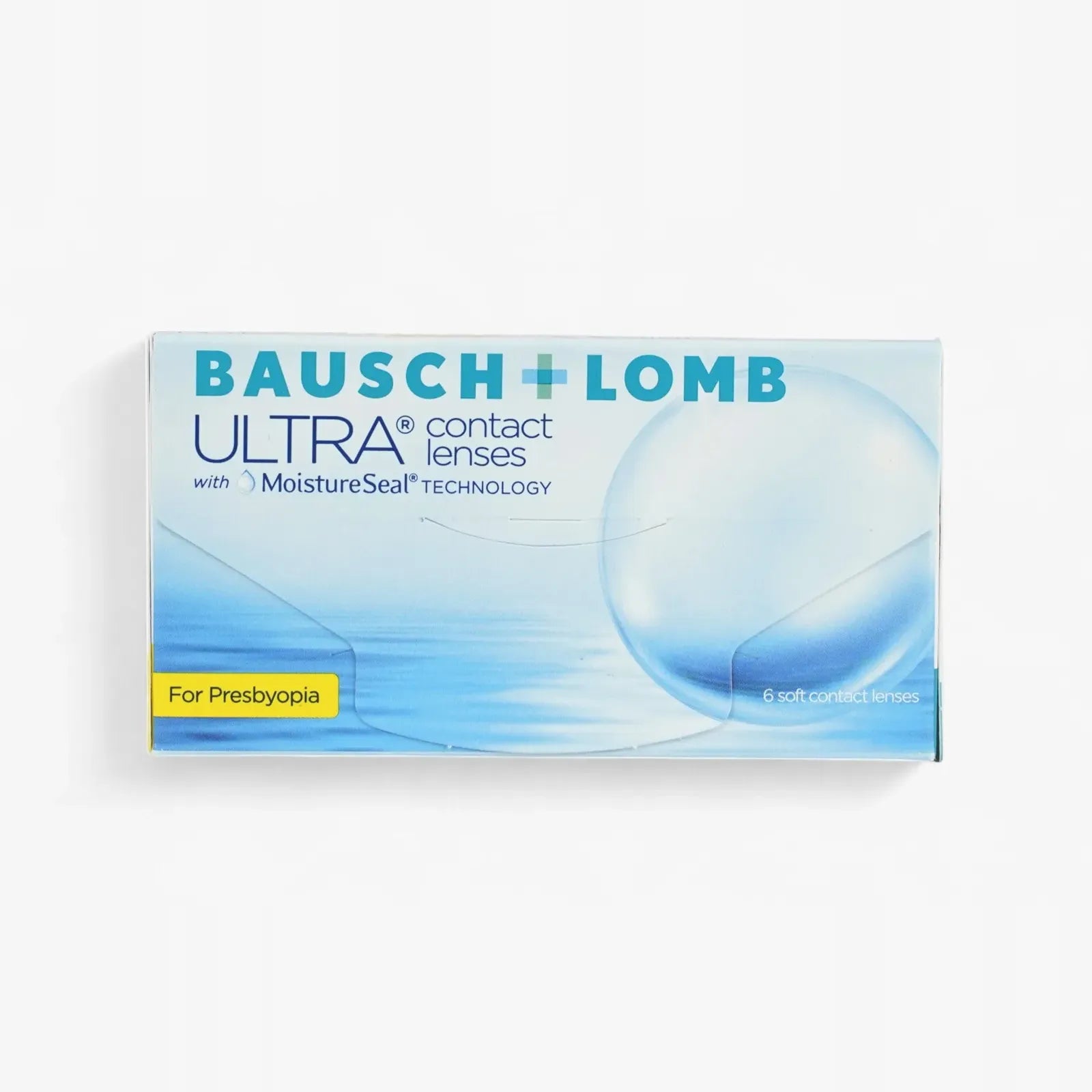 Ultra For Presbyopia - 6 Pk by Ultra features MoistureSeal technology. The blue and white box shows a large lens graphic with a yellow label highlighting these presbyopia contact lenses.