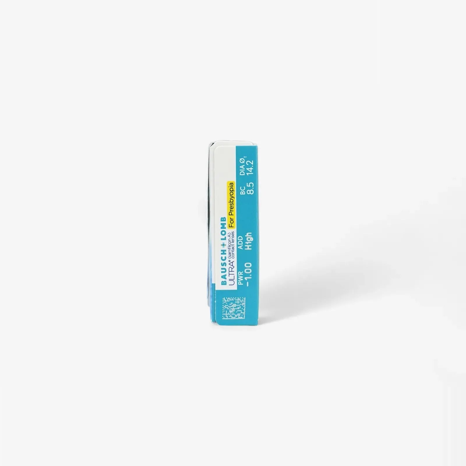 A box of Ultra For Presbyopia - 6 Pk contact lenses by Ultra stands upright, displaying the side panel with prescription details and a blue and white design.