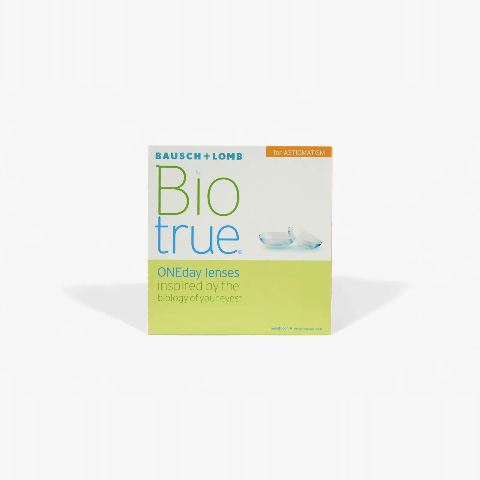 A box of Biotrue Oneday Toric - 90Pk by Biotrue, daily disposable lenses for astigmatism with UV blocking, featuring green and blue text and a contact lens image on a white and light green background.