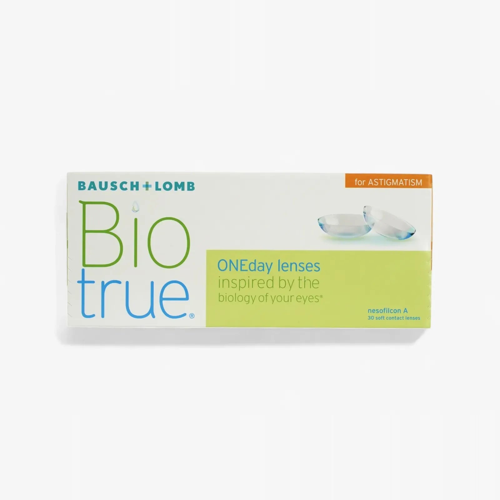 A 30-pack box of Biotrue Oneday Toric contact lenses for astigmatism, by Biotrue, features green and blue text, UVA/UVB protection, and an image of two contact lenses on a white background.