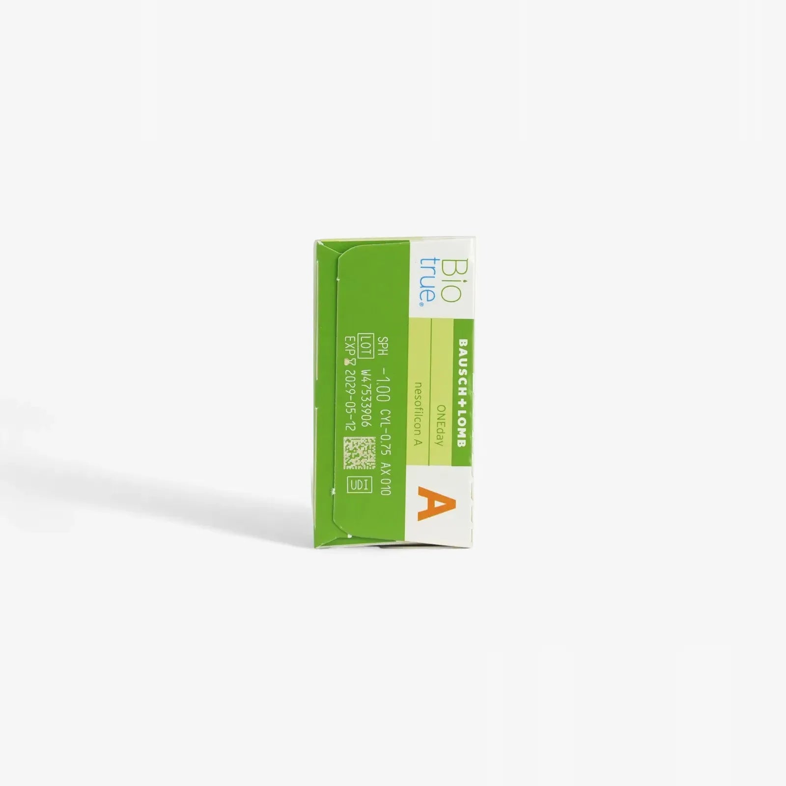 A green and white box of Biotrue Oneday Toric - 30 Pack daily disposable contact lenses by Biotrue is shown on its side against a white background, featuring an orange letter A on the front.