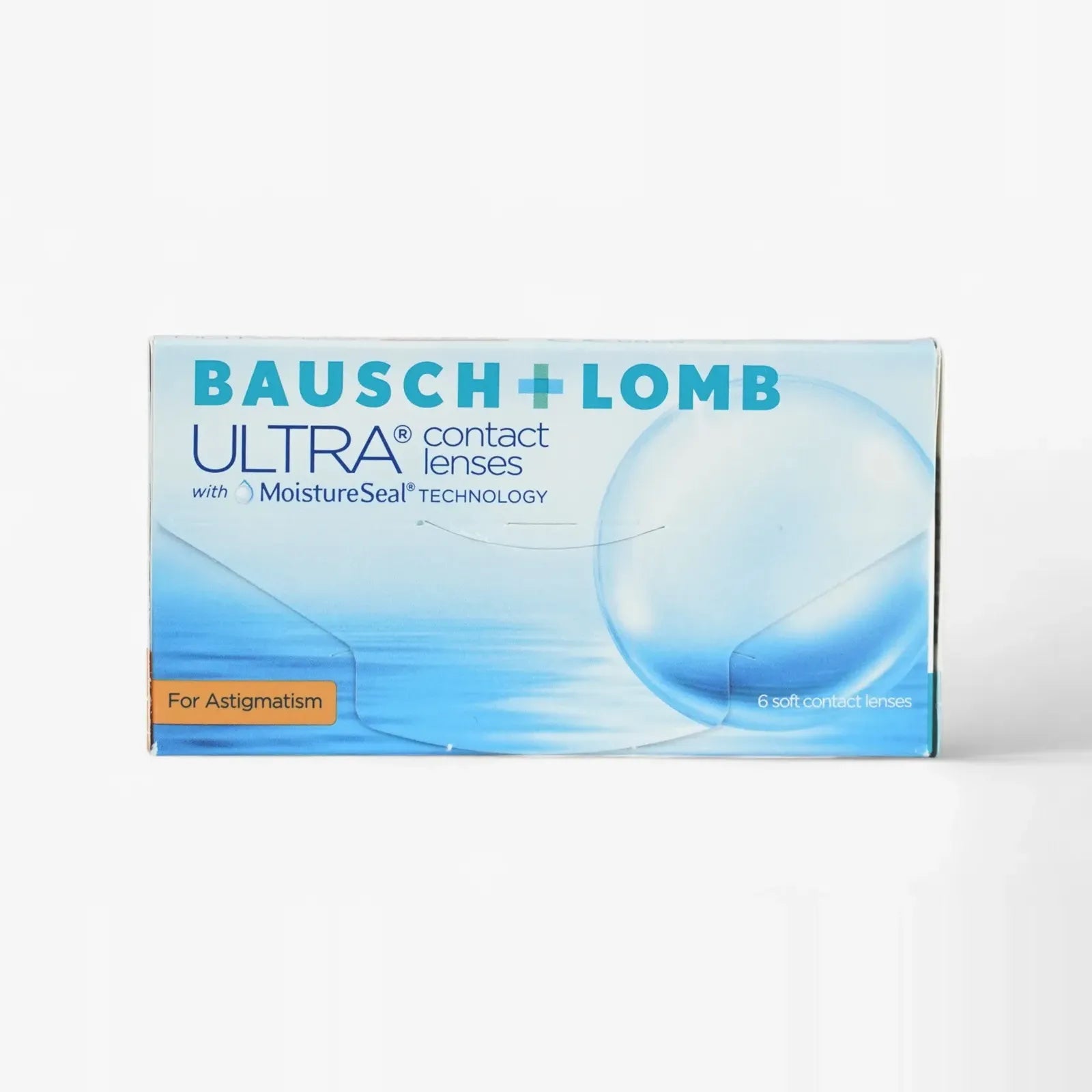 Ultra For Astigmatism - 6 Pk by Ultra offers soft contact lenses for astigmatism with MoistureSeal Technology. The blue box, featuring a large water droplet image, contains 6 lenses.
