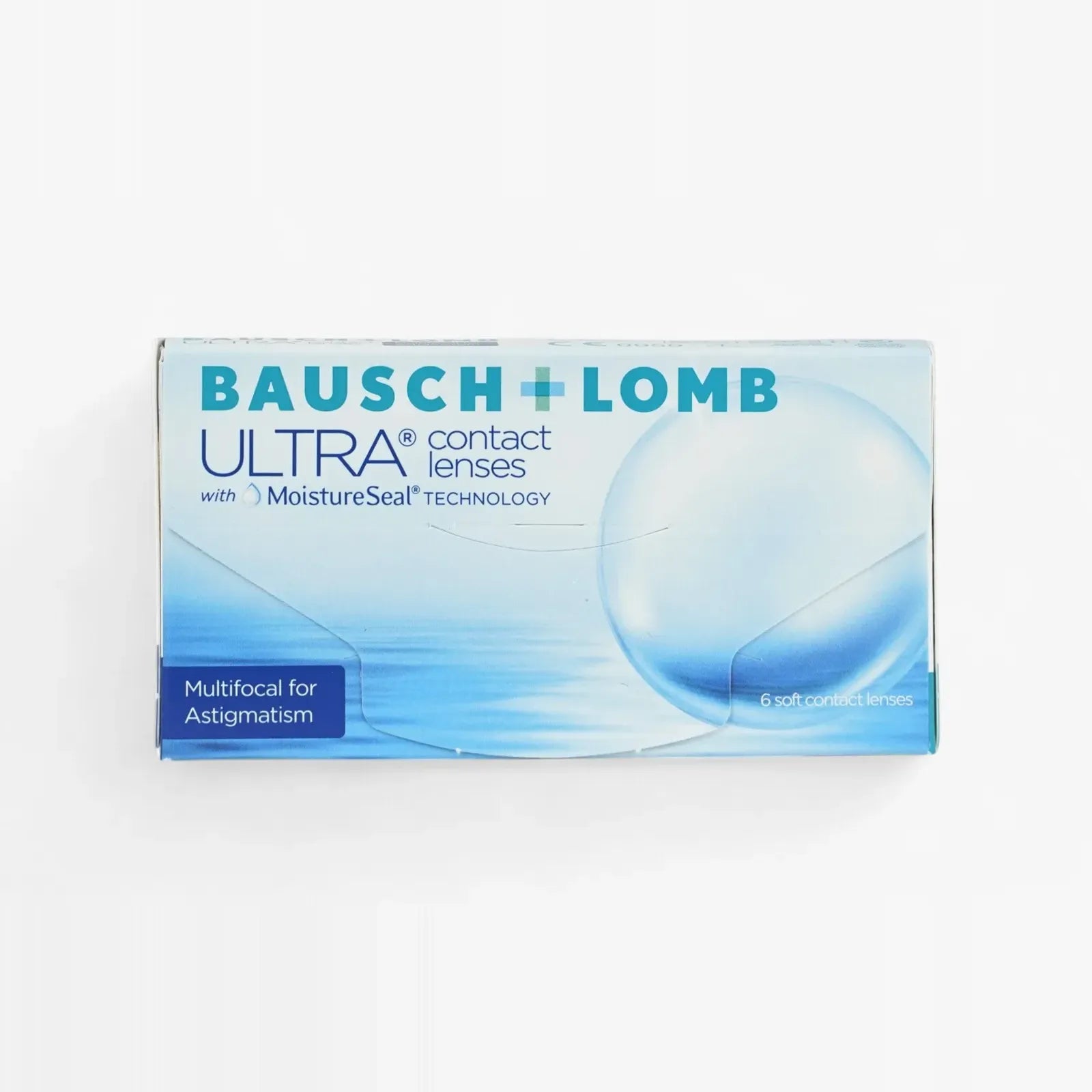 Box of Ultra Multifocal For Astig - 6 Pk monthly contact lenses by Ultra, with MoistureSeal technology, blue and white packaging, includes 6 soft lenses.