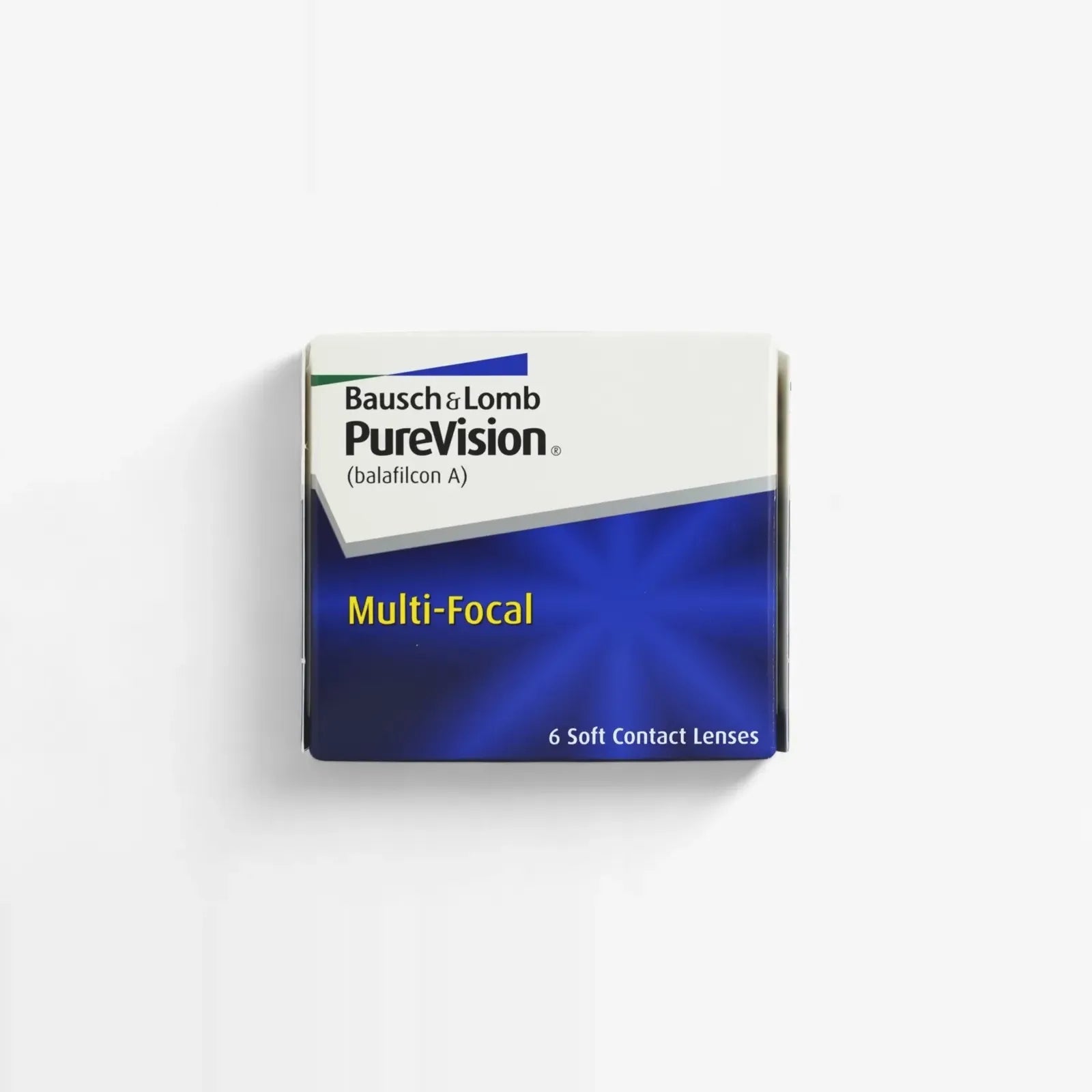 A box of Pure Vision Purevision Multifocal - 6 Pack soft contact lenses, mainly white and blue, labeled with 6 lenses inside.