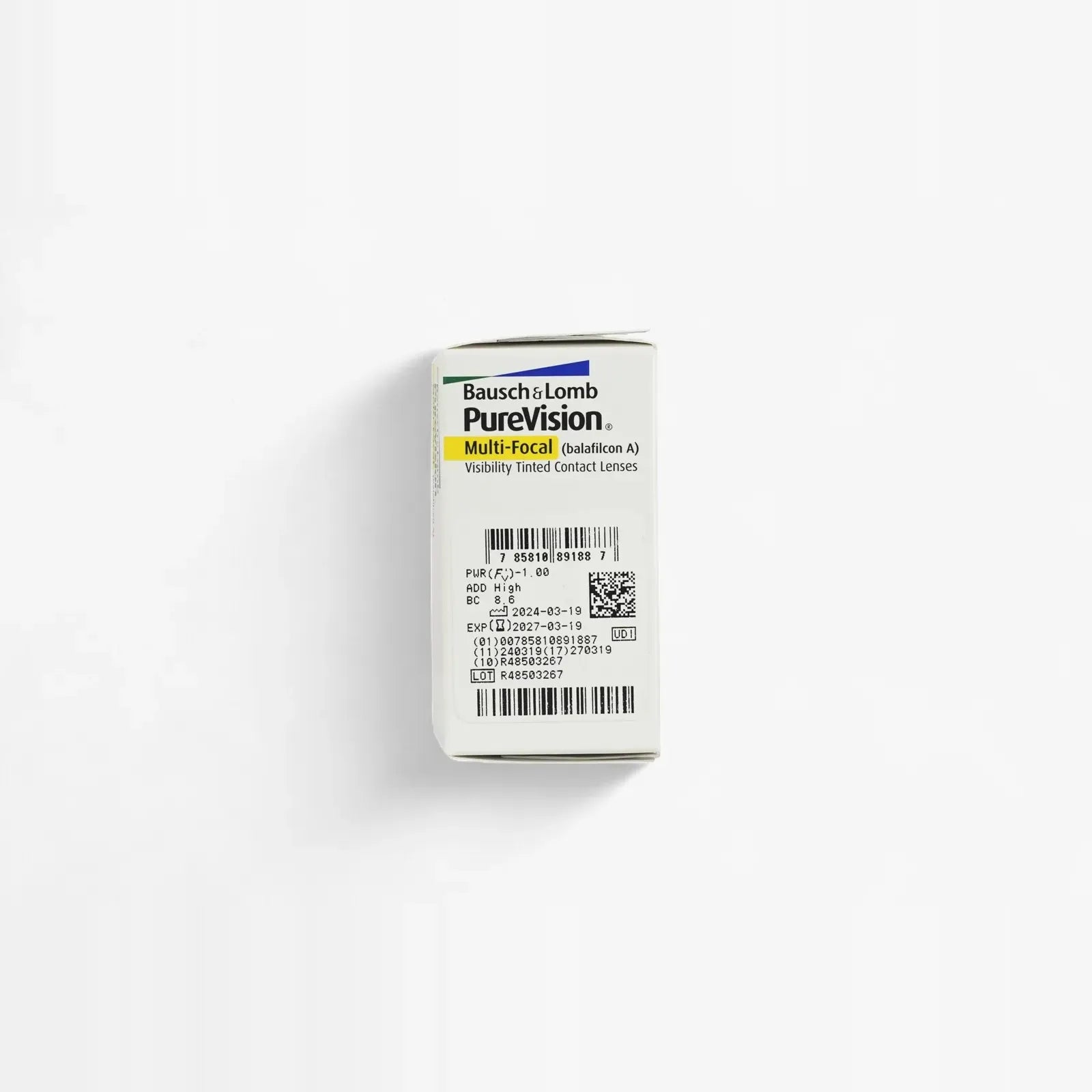 A Pure Vision Purevision Multifocal - 6 Pack contact lens box stands upright against a white background, displaying product details and barcodes—ideal for those shopping contact lenses online.