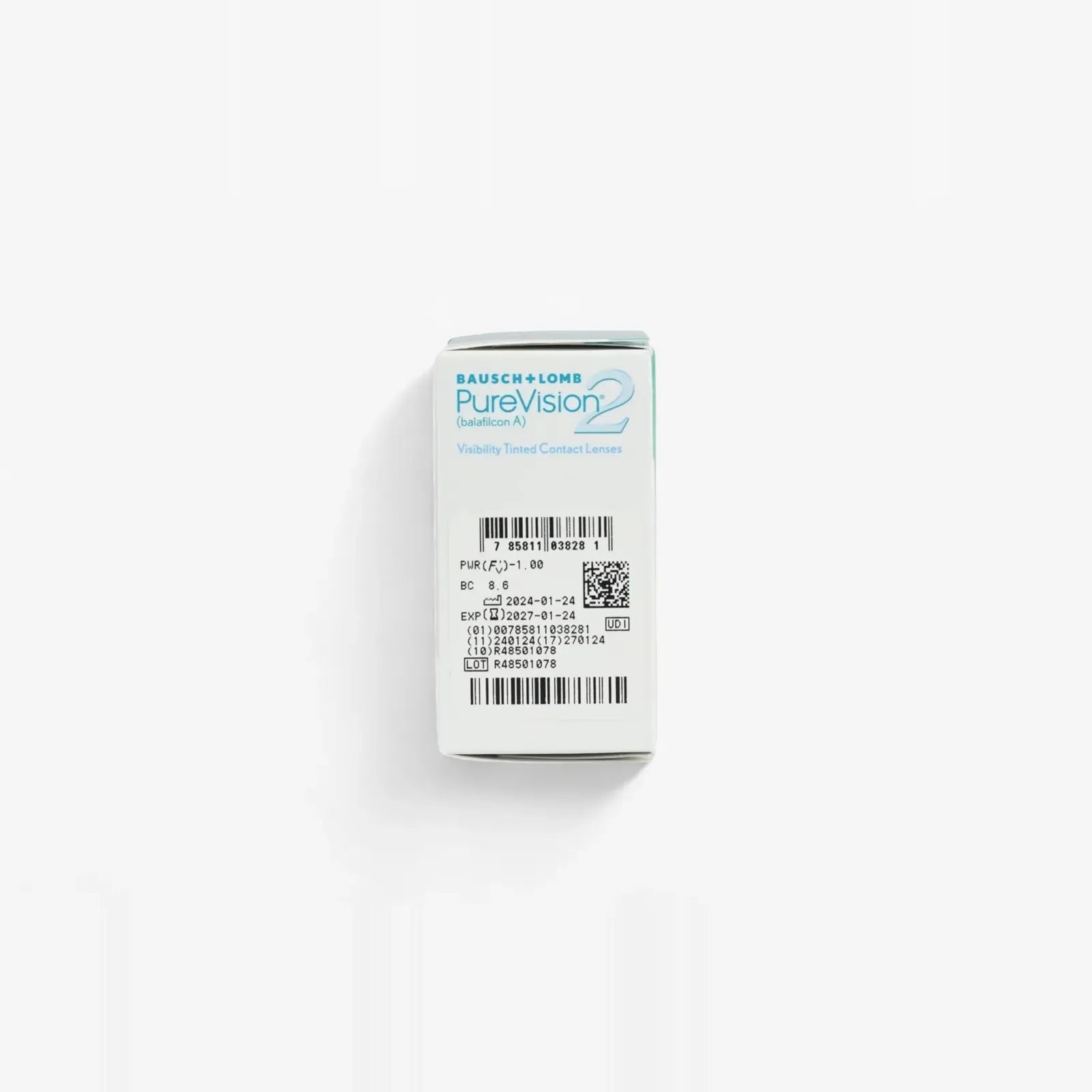 A white box of Pure Vision Purevision 2 With HD Optics - 6 Pk contact lenses, featuring product info, barcodes, and a QR code on the label, is shown against a plain white background.