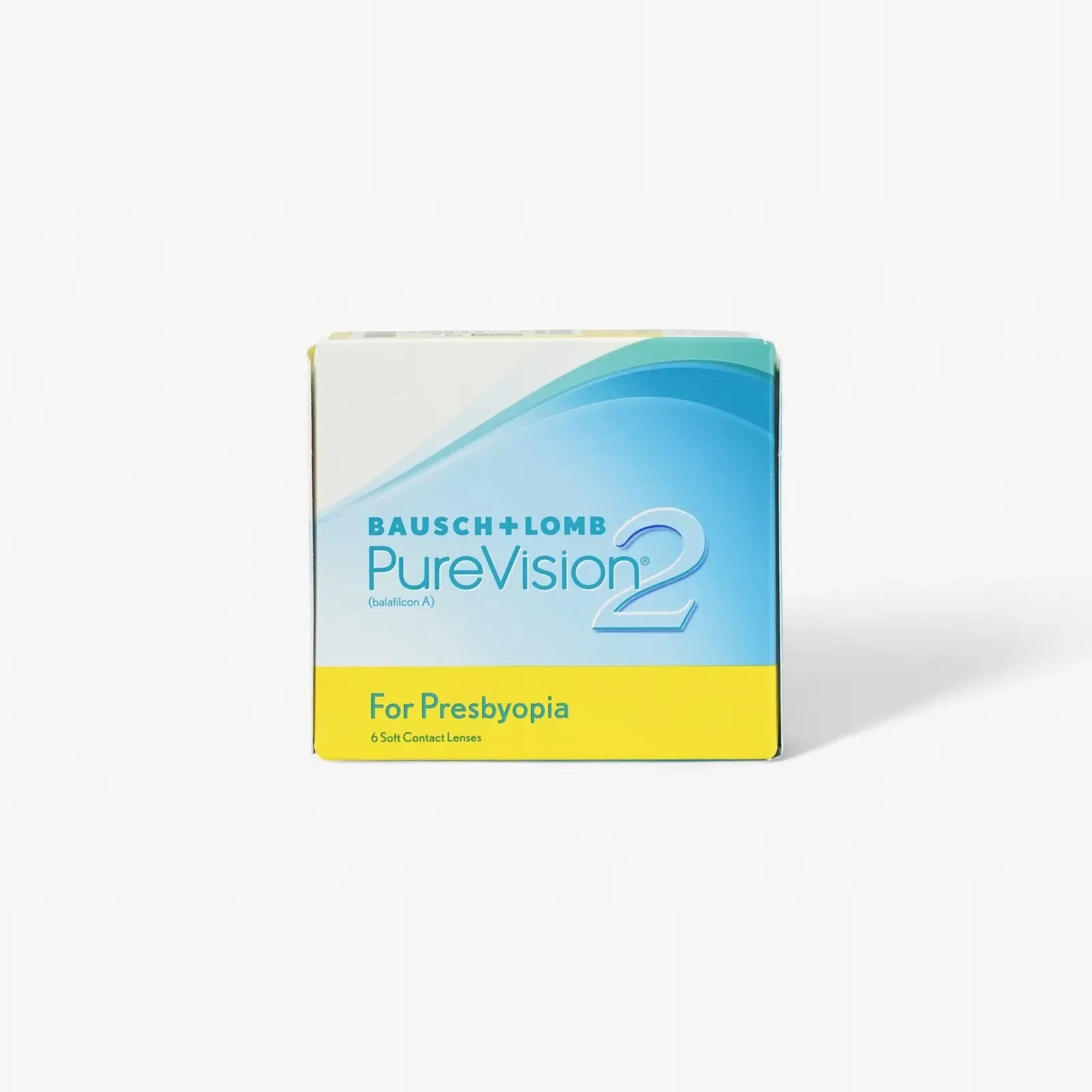 A 6-pack box of Pure Vision Purevision 2 For Presbyopia contact lenses, with blue and yellow packaging—ideal for multifocal needs and may be eligible for vision insurance coverage.