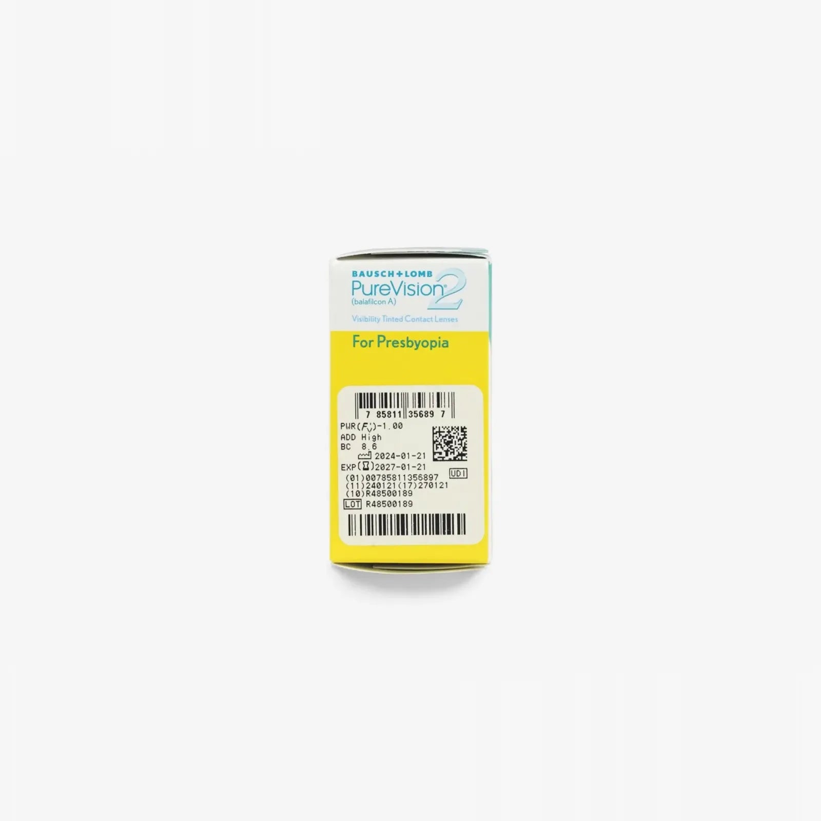 The Pure Vision Purevision 2 For Presbyopia - 6 Pk features a yellow and blue label with product info, barcodes, and specs—perfect for those seeking clear vision and compatible with many vision insurance plans.