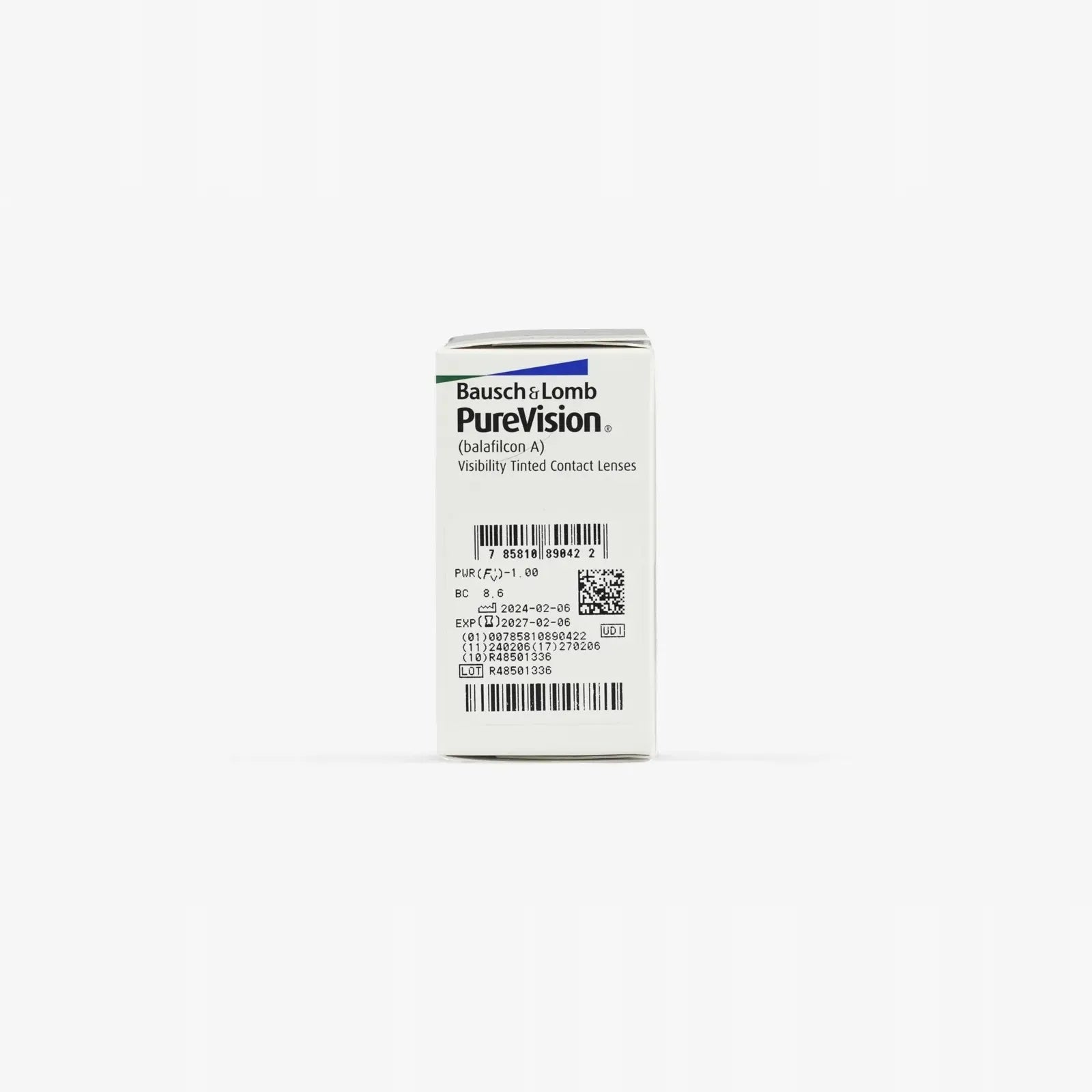 A box of Pure Vision Purevision 6 Pack contact lenses stands upright against a white background, showcasing their all-day comfort and advanced design.