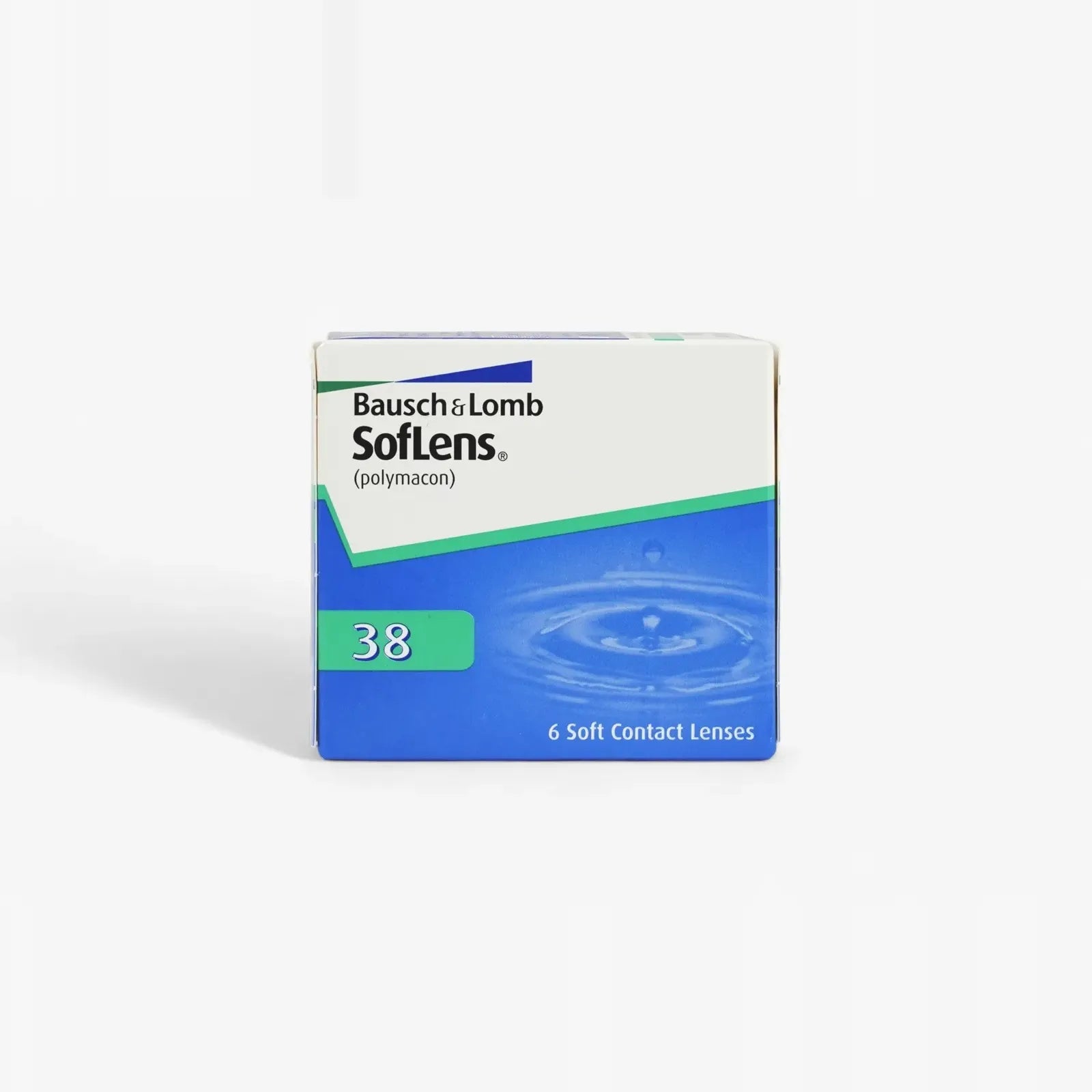 A Soflens 38 - 6 Pack box by Soflens is displayed on a white background. The blue-and-white box with green accents contains six contact lenses designed for comfort and enhanced vision.