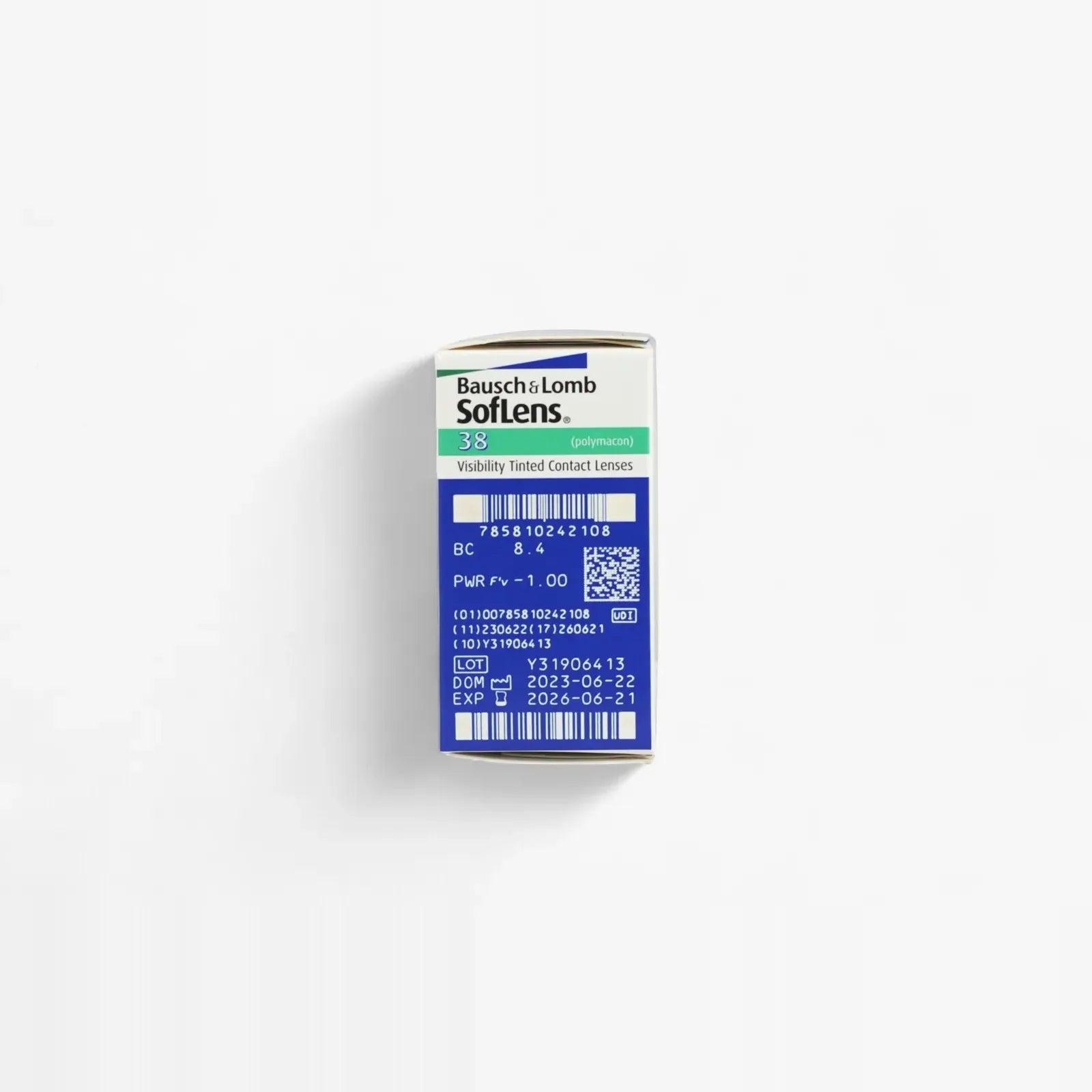 A Soflens 38 - 6 Pack by Soflens is shown on a white background with a left shadow, featuring vision benefits, product details, specifications, and the expiration date.