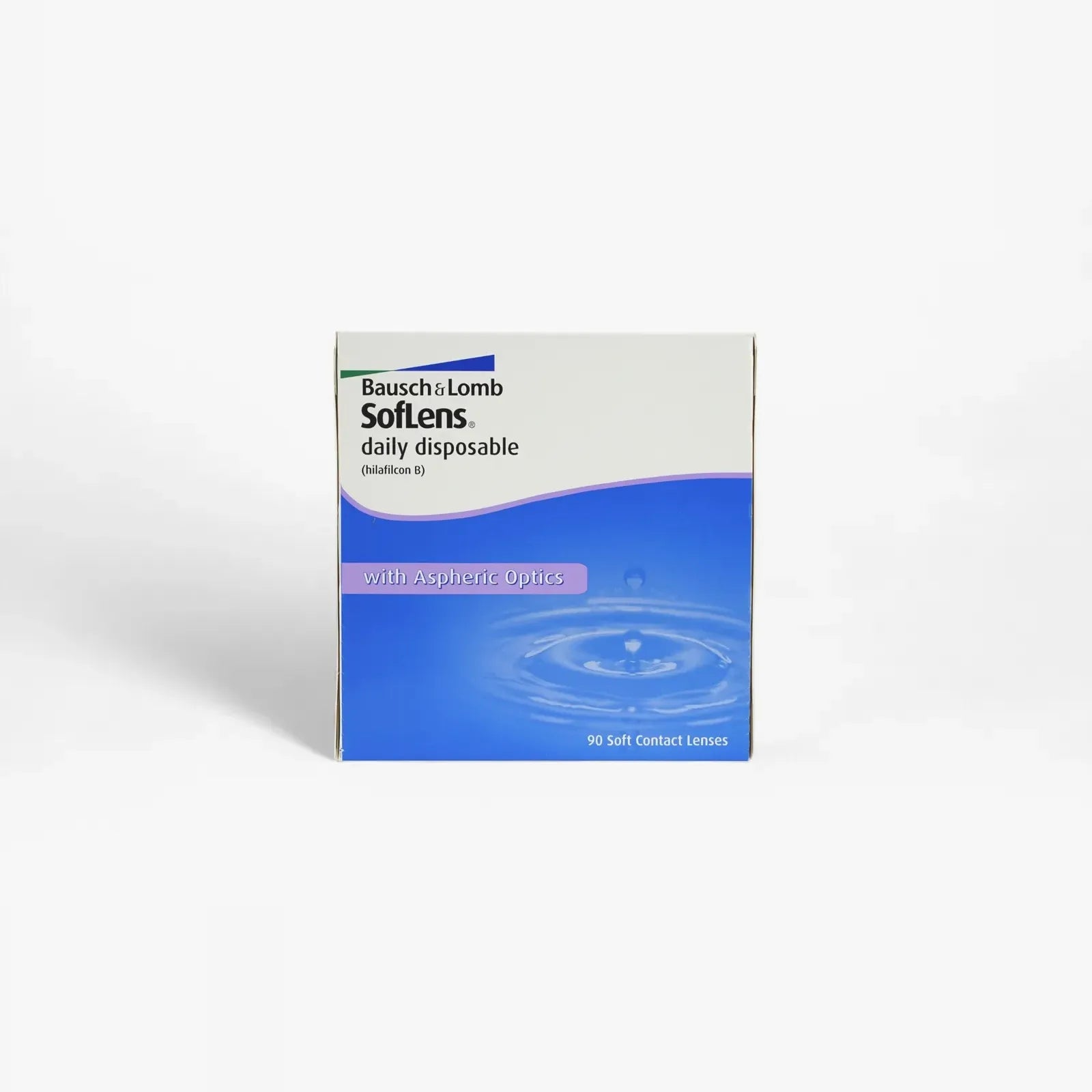 The Soflens Daily Disposable - 90 Pack by Soflens features aspheric optics, blue and white packaging with a water droplet design, and contains 90 soft lenses—often covered by vision insurance.