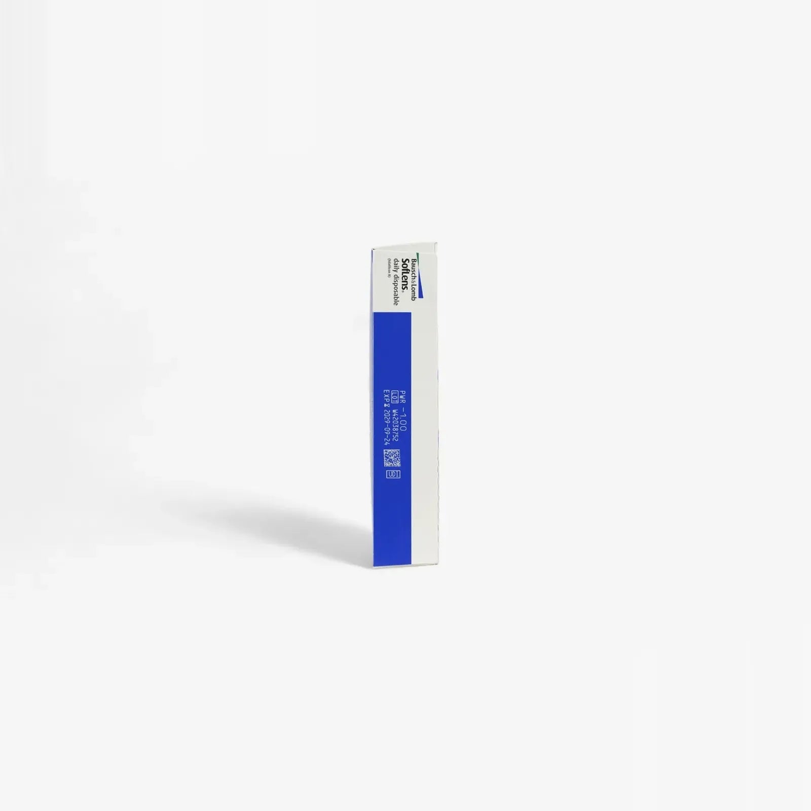 A slim, mostly white rectangular box with a blue stripe stands upright against a plain background. The packaging displays the Soflens brand and Soflens Daily Disposable - 90 Pack text.