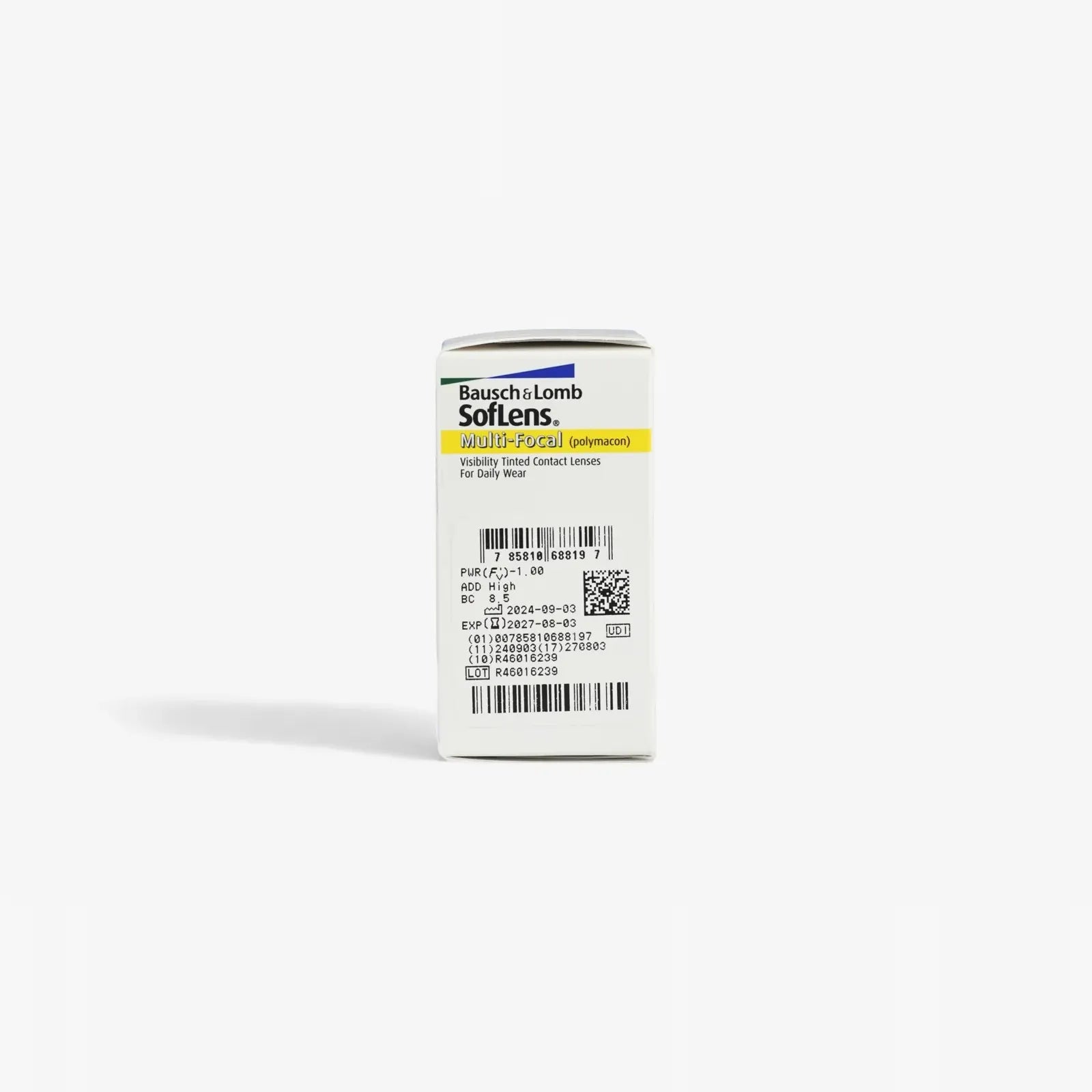 A small white Soflens Multifocal - 6 Pack box by Soflens features text and a QR code on the front, shown upright on a white background. Perfect for those seeking contact lenses for presbyopia.