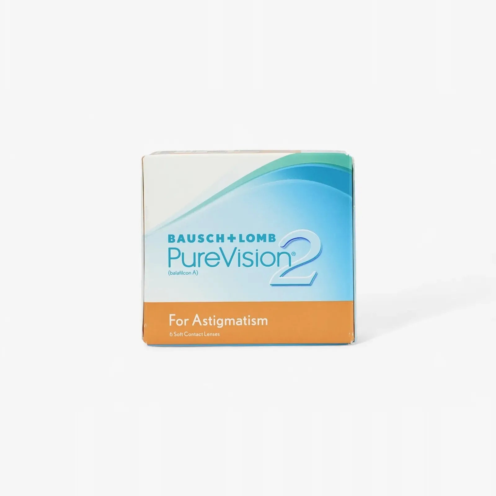 A box of Pure Vision Purevision 2 Toric HD Optics - 6 Pk monthly lenses for astigmatism, with blue and green design accents and an orange band at the bottom.