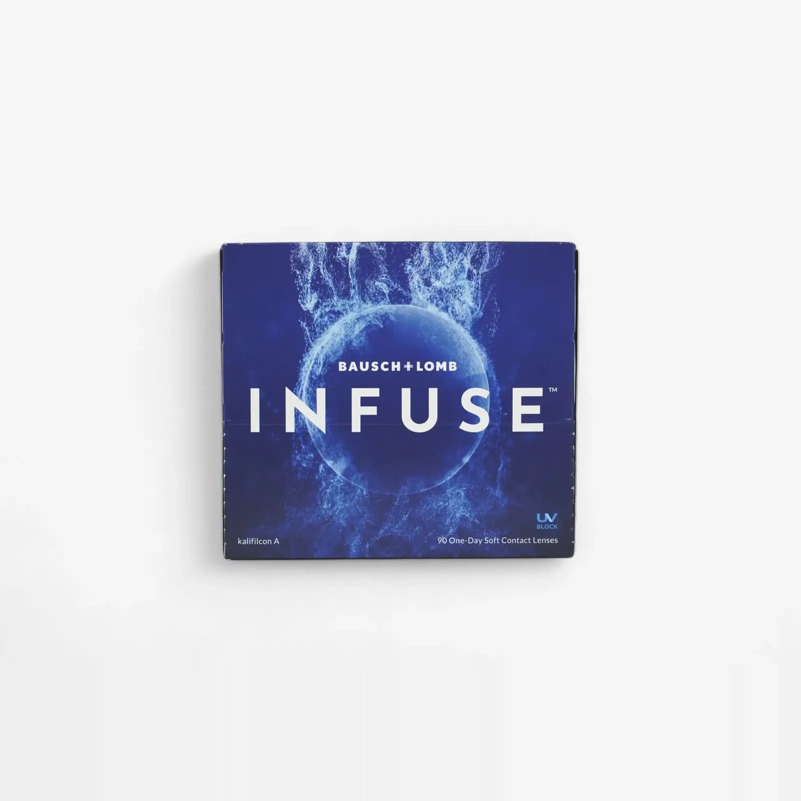 A 90-pack box of Infuse B+L Infuse Sphere daily lenses, displaying a blue circular design with white text on the front, set against a plain white background. Features ProBalance Technology for all-day comfort.