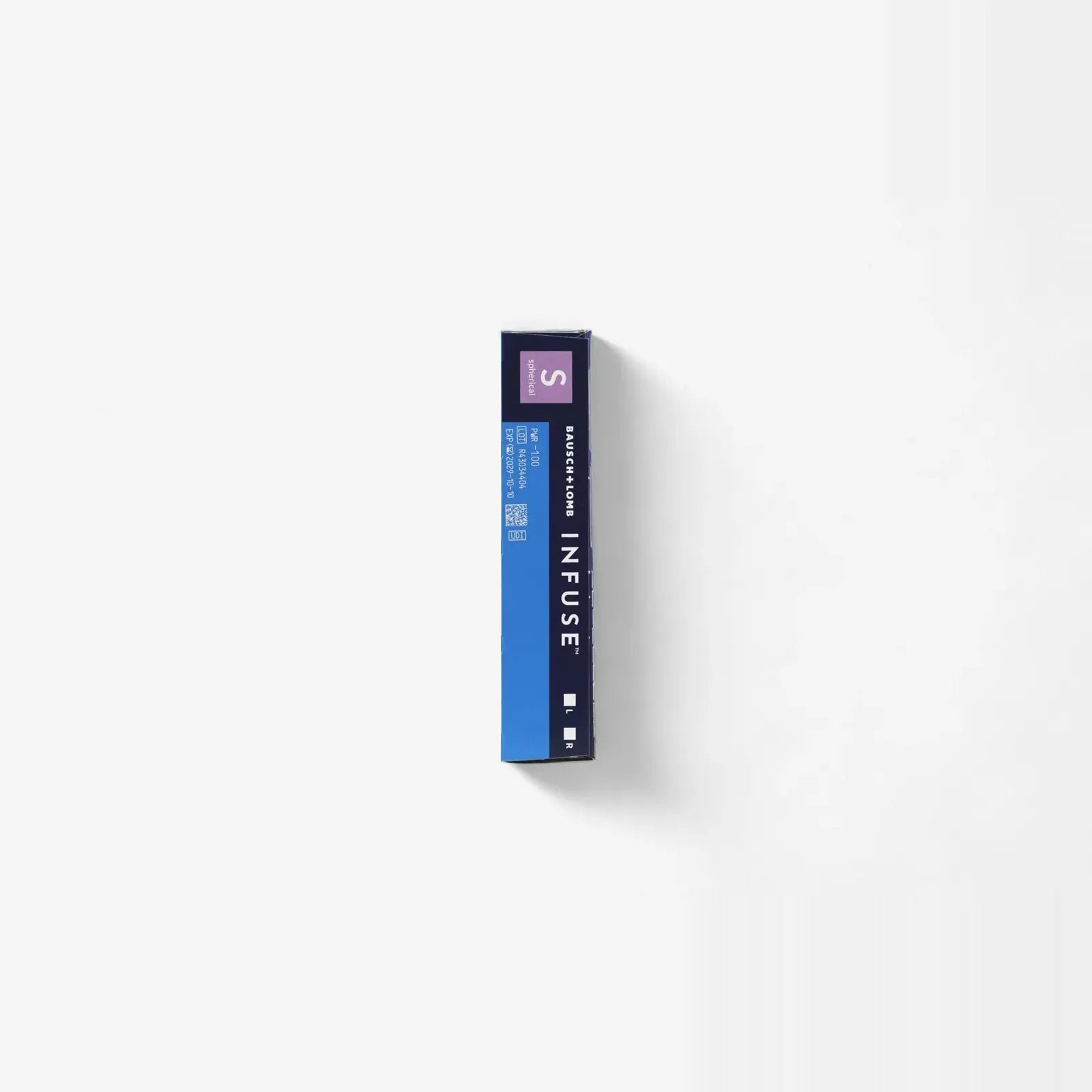 A rectangular blue and purple box labeled Infuse stands upright against a white background. The box is for B+L Infuse Sphere - 90Pk daily contact lenses, featuring minimal text and design elements.