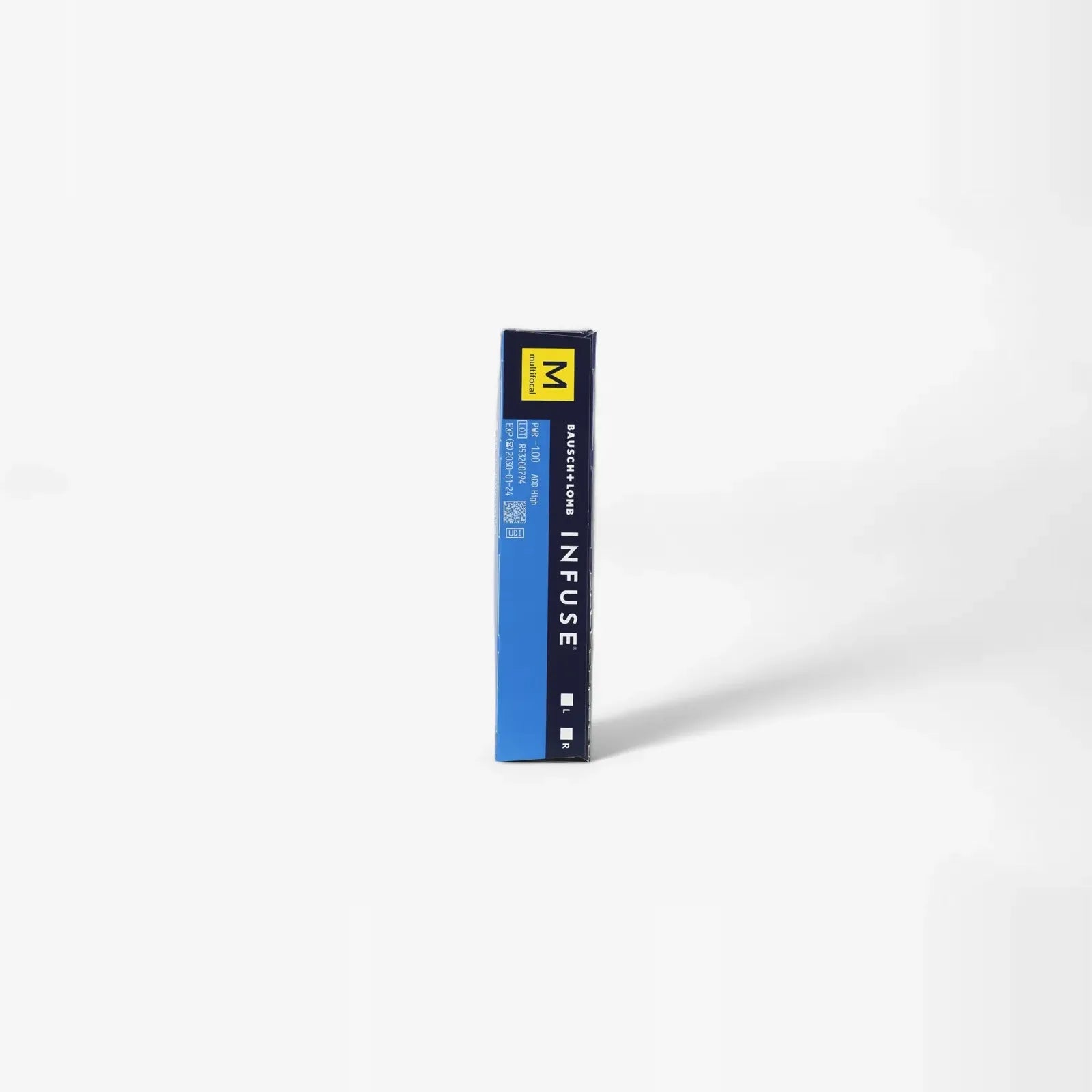 A blue and black rectangular box labeled B+L Infuse Multifocal - 90 Pk stands upright on a white background, features a yellow M logo, minimalistic design, and highlights ProBalance Technology for all-day comfort. Brand: Infuse.