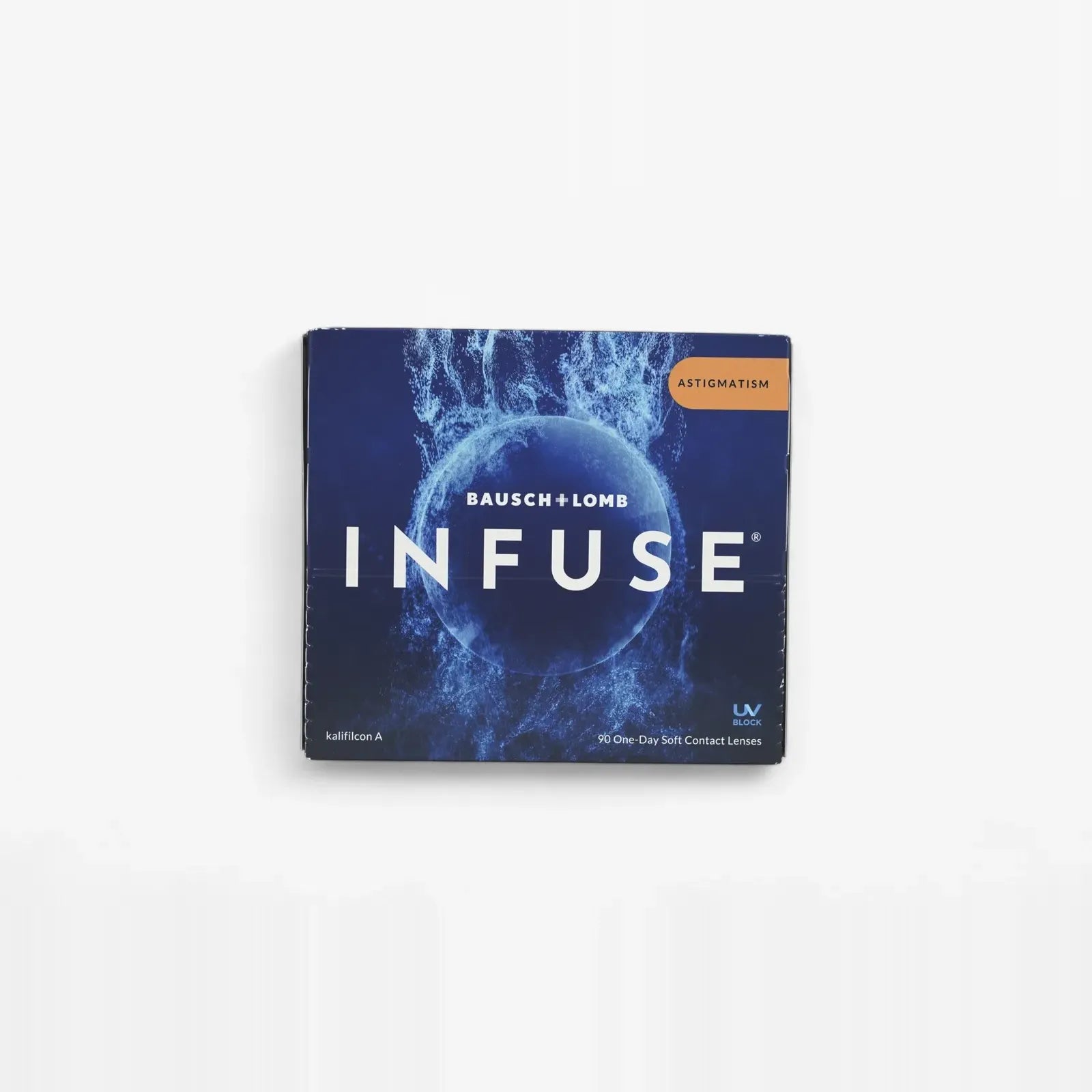 A box of Infuse B+L Infuse For Astig - 90Pk one-day lenses, featuring a blue circular design, white text on the front, and an orange label in the top right corner.