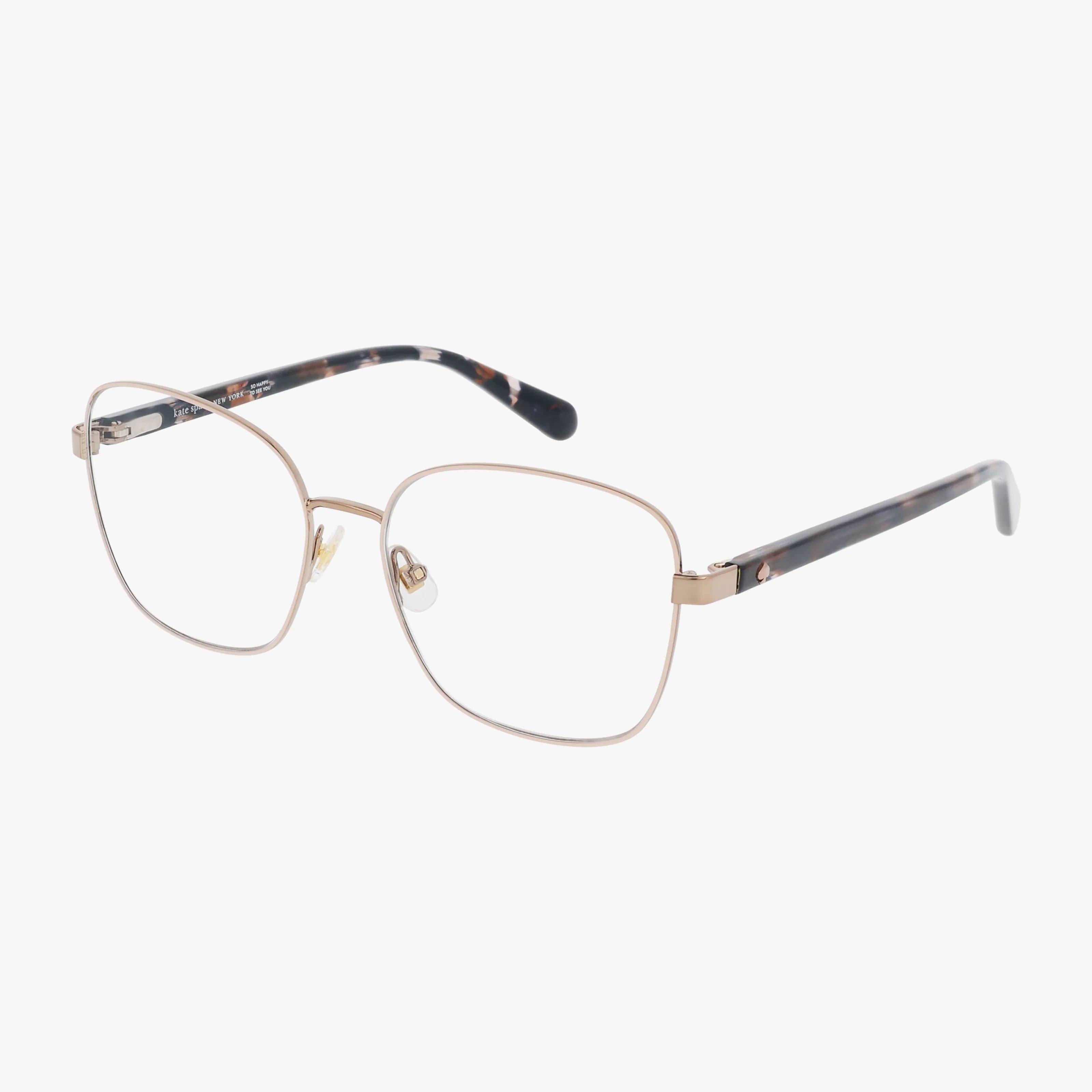 The Kate Spade KORA/G eyeglasses feature thin, gold metal minimalist frames with slightly rounded square lenses, black and brown mottled temple arms, and clear nose pads, shown on a white background.