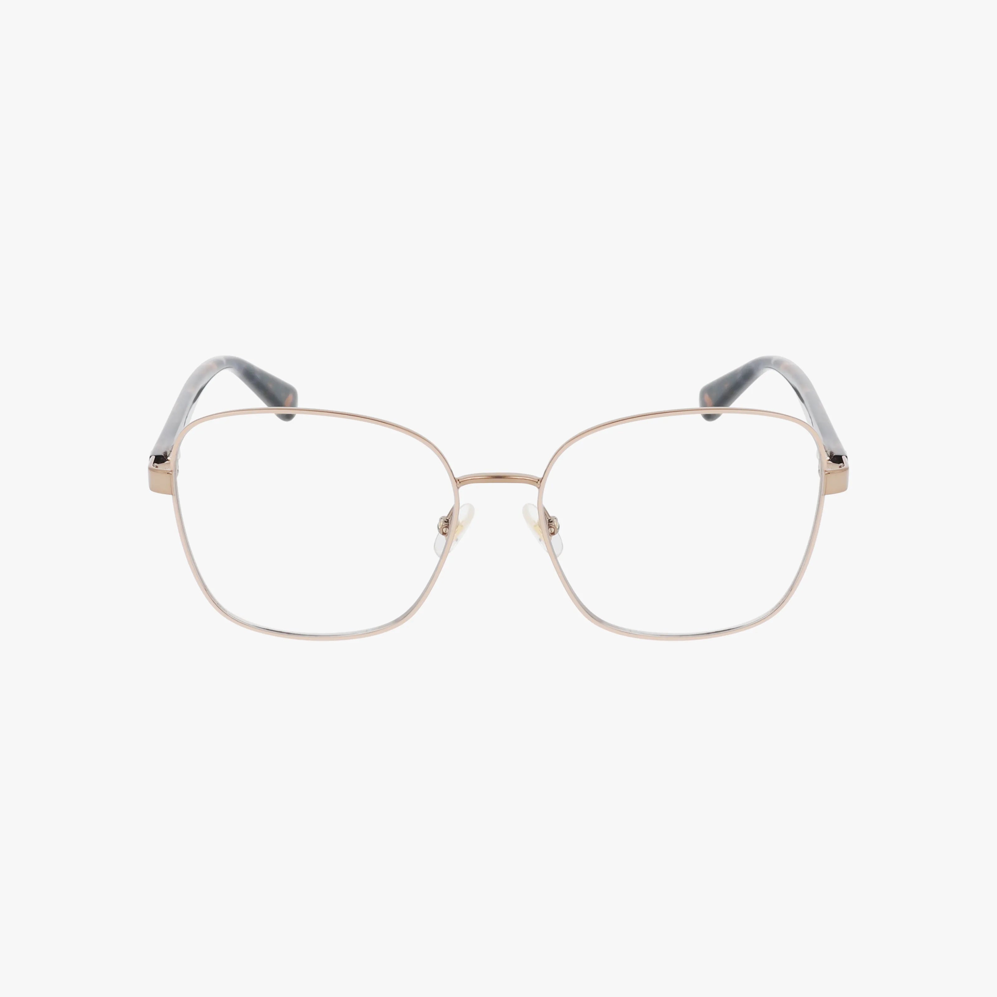 The Kate Spade KORA/G features a minimalist gold metal frame with square lenses and black temple tips, shown on a white background.