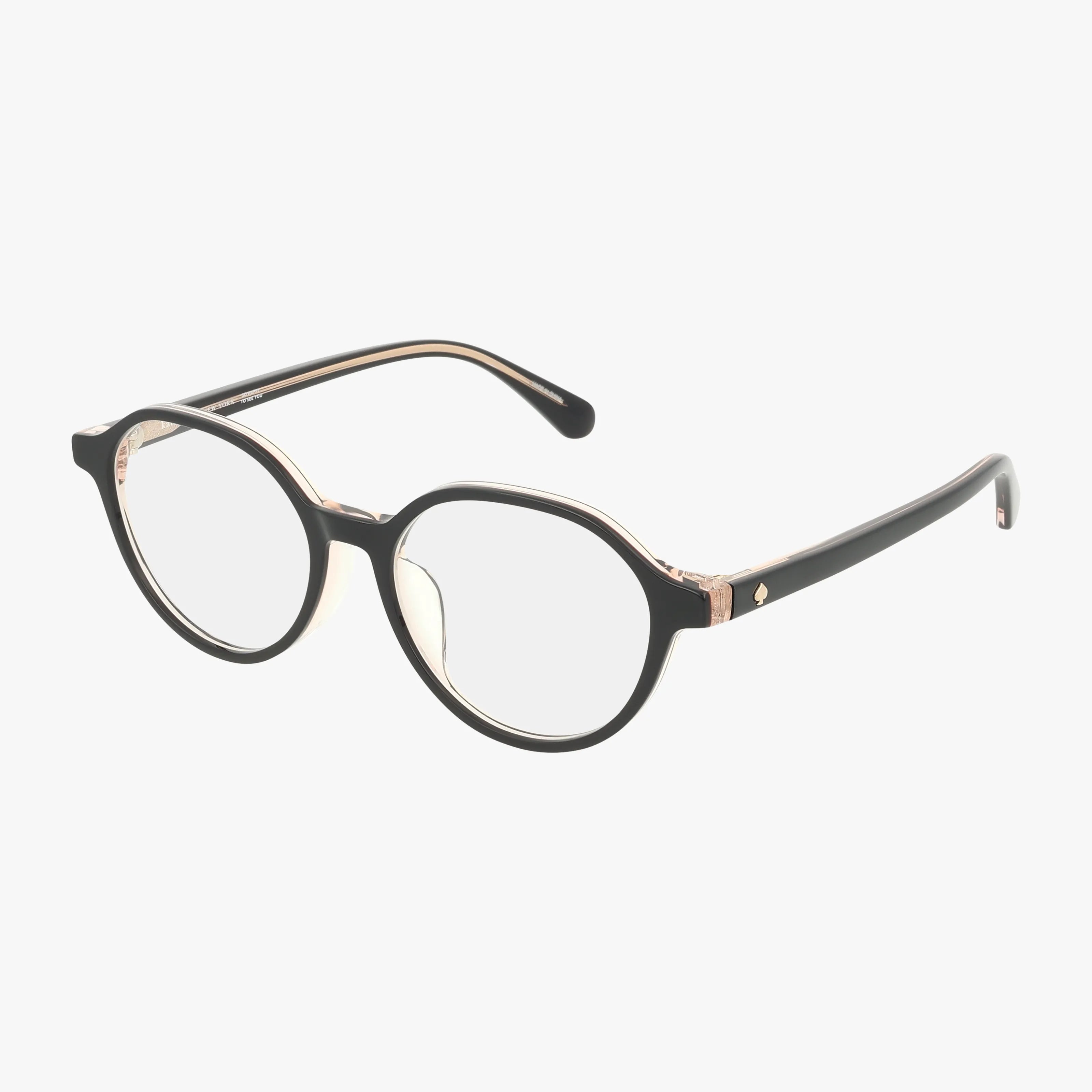 The Kate Spade Karlie 2/FJ eyeglasses have a black pink sleek frame, clear lenses, thin arms, and gold hinge accents, all showcased on a white background.