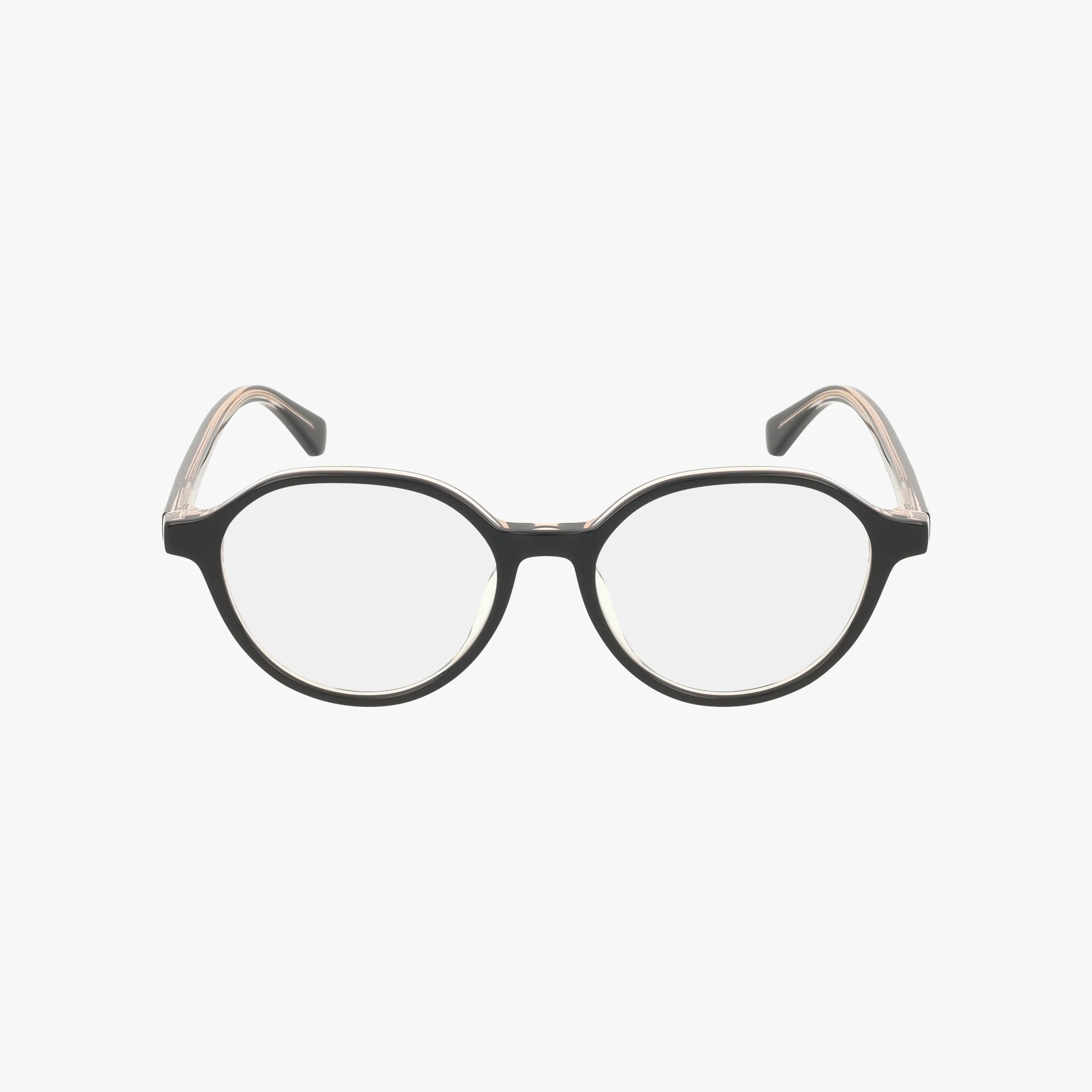 The Kate Spade Karlie 2/FJ eyeglasses feature a sleek black round frame with clear lenses and slightly curved arms, shown against a white background.