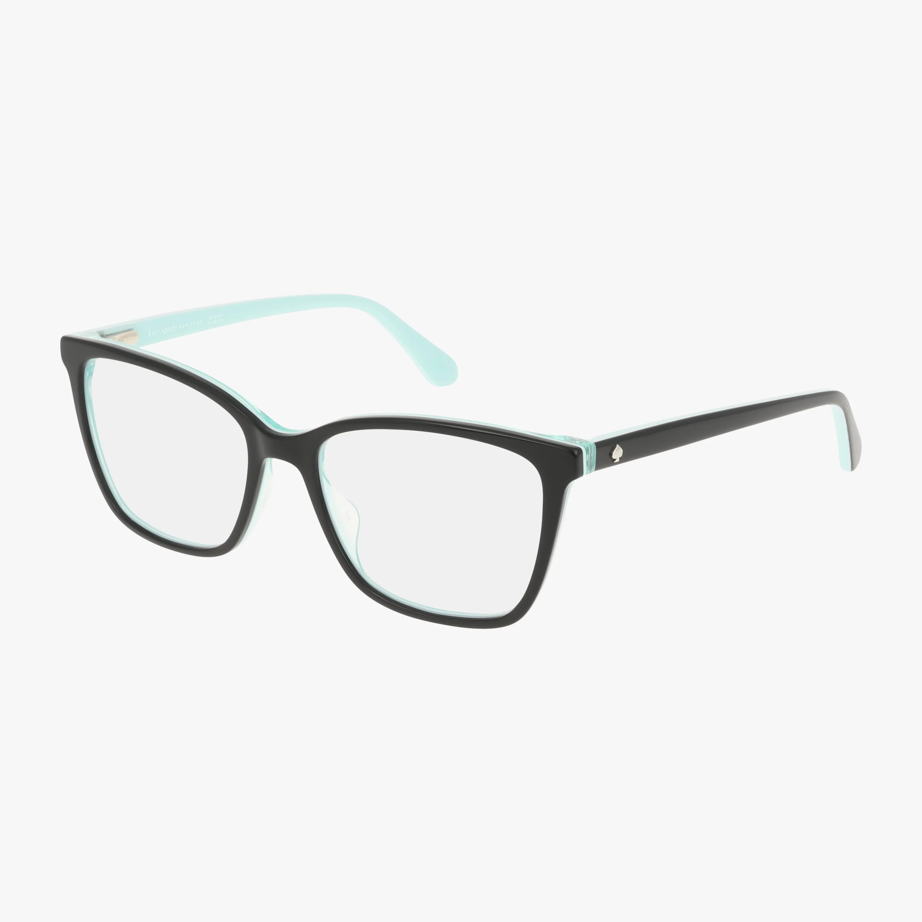 The Kate Spade Jalinda 2 eyeglasses feature a sleek, modern rectangular design with black frames and clear lenses, offering a simple yet stylish look.