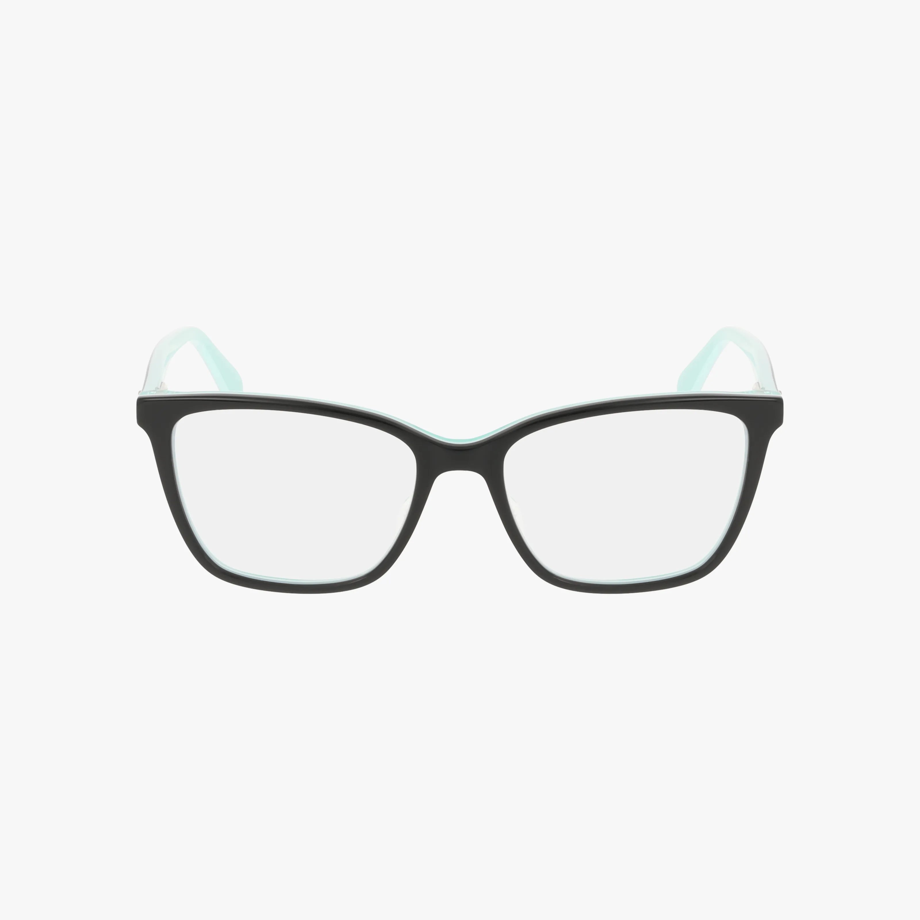 The Kate Spade Jalinda 2 features black rectangular eyeglasses with a sturdy frame, clear lenses, and light blue inner arms, displayed against a plain white background.