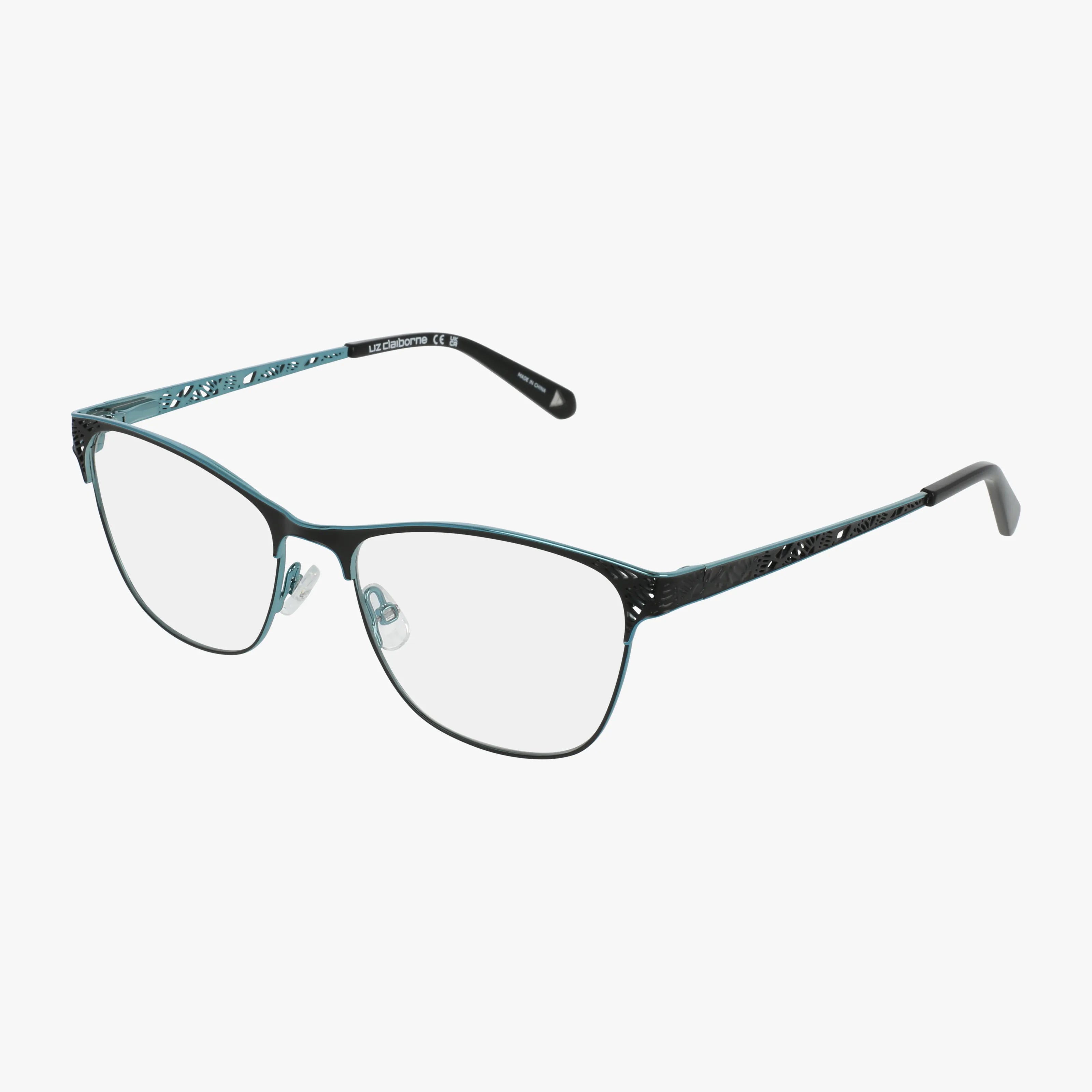 The Liz Claiborne L691 eyeglasses feature thin teal and black metal frames, clear Transitions lenses, and adjustable nose pads for modern style, shown on a white background.