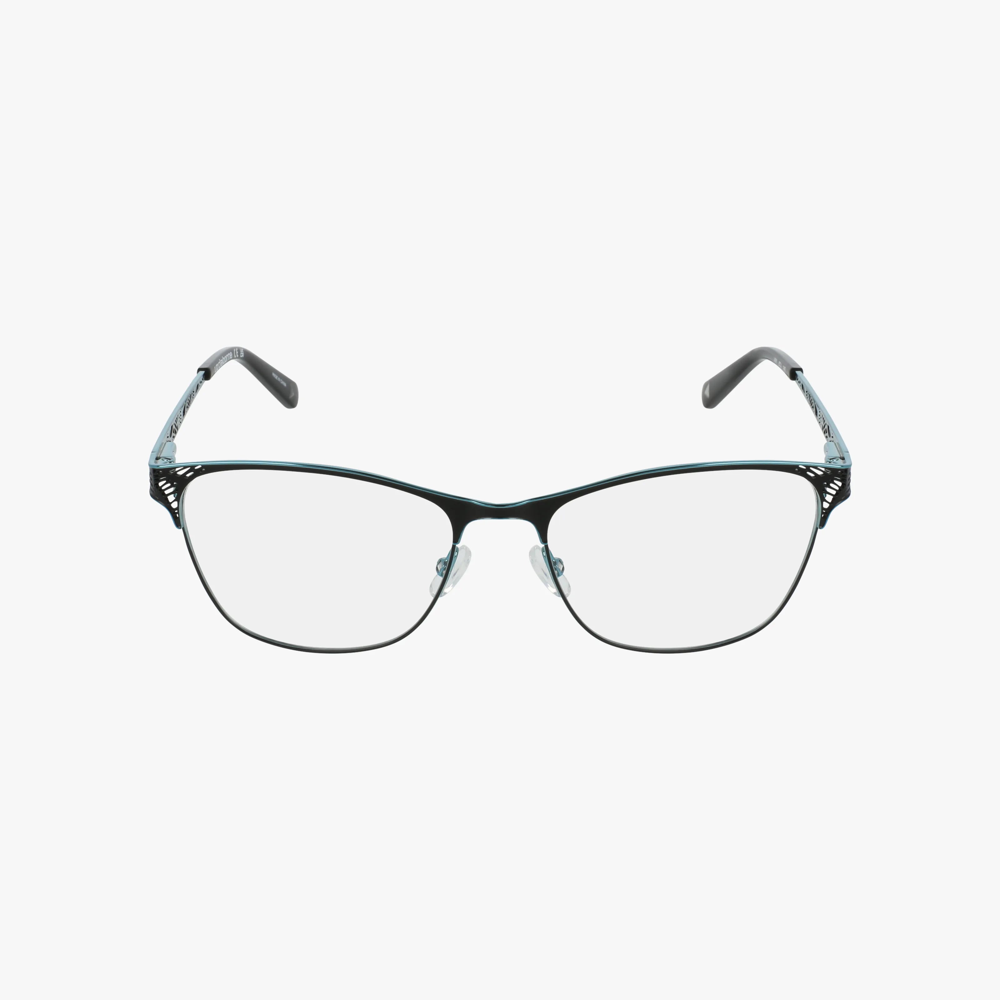 The Liz Claiborne L691 eyeglasses feature thin black metal frames, clear Transitions lenses, and adjustable nose pads, shown on a white background for an effortlessly stylish look.