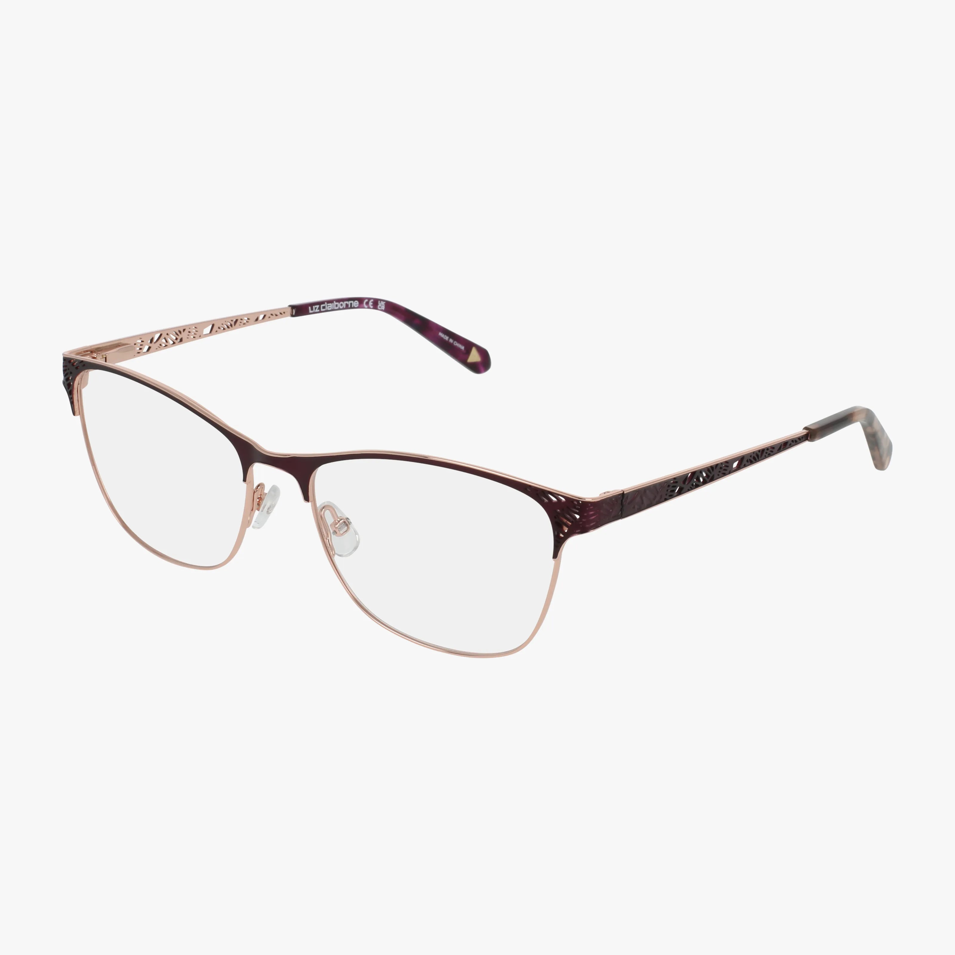 The Liz Claiborne L691 features stylish thin rose gold metal frames with clear Transitions lenses, intricate temple patterns, and adjustable nose pads for comfort. Set against a plain white background.