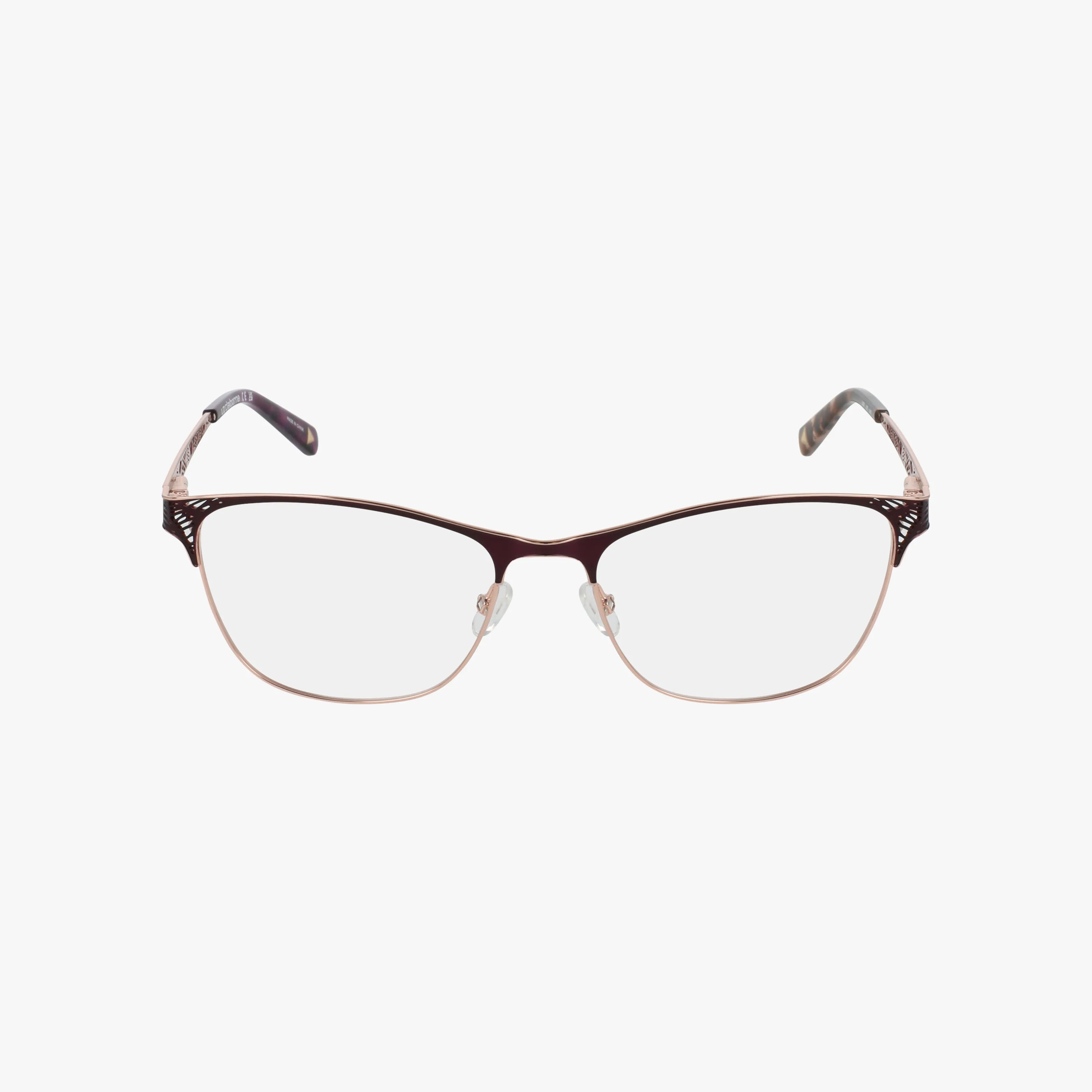The Liz Claiborne L691 eyeglasses feature thin, dark brown metal frames with clear Transitions lenses, subtle decorative upper corners, and gently curved temples with darker tips—all blending strength and style.